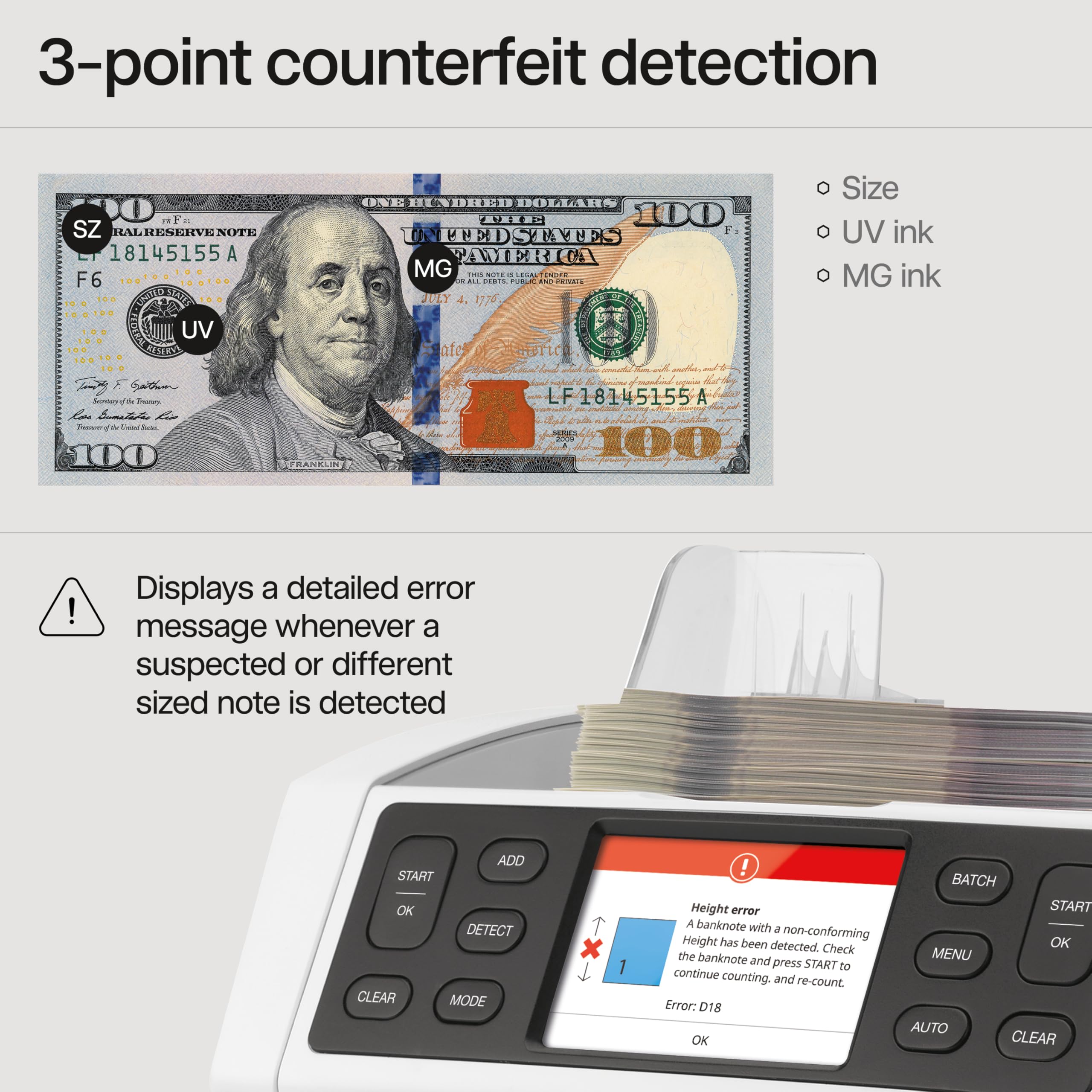Safescan 2210 Money Counter Machine with Counterfeit Detection, Add/Batch Modes, LCD-Display, High-Speed Counts 1,000 bills per minute, 2 Point Counterfeit Check - Sorted Counter for All Currencies