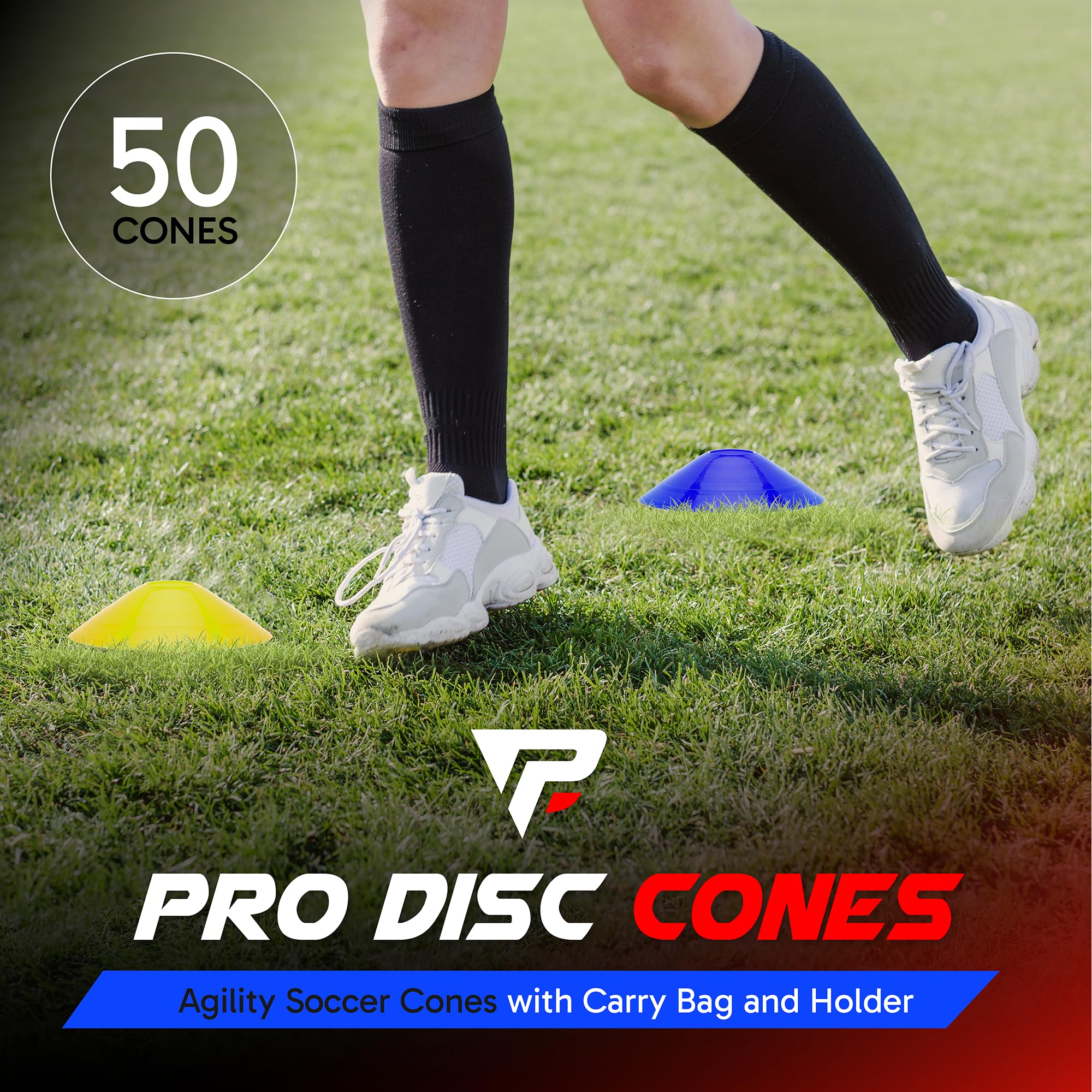 Pro Disc Cones (Set of 50) - Agility Soccer Cones with Carry Bag and Holder for Sports Training, Football, Basketball, Coaching, Practice Equipment, Kids - Includes 15 Best Cone Drills Book