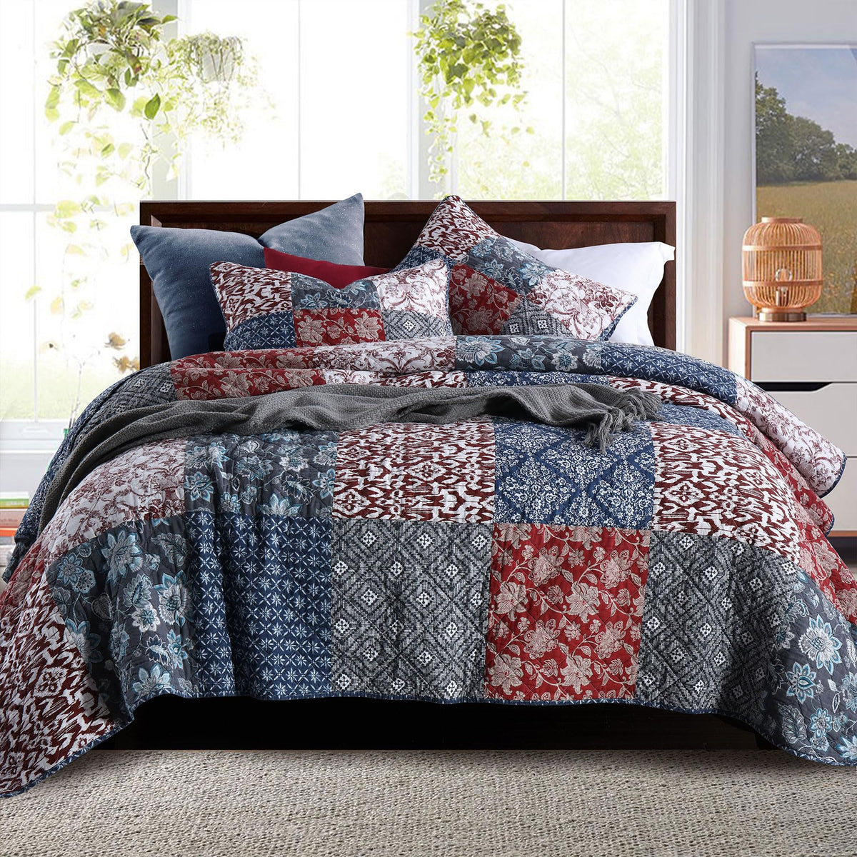 Secgo Twin Comforter Set for Bed - 100% Cotton Quilts Twin Size, Black Bedspreads with 2 Pillow Shams, Patchwork Reversible Lightweight Bedding