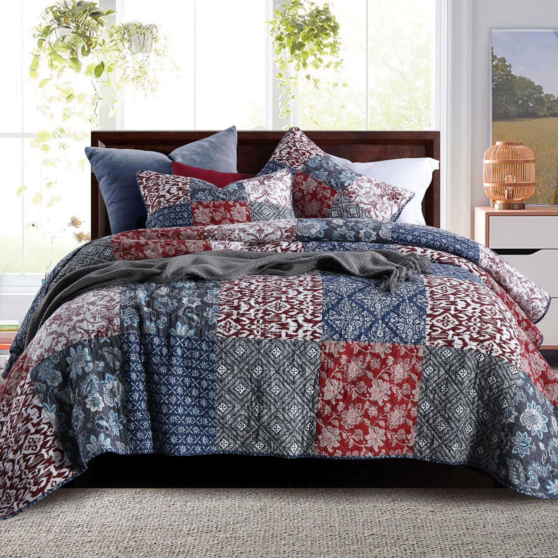 Secgo Twin Comforter Set for Bed - 100% Cotton Quilts Twin Size, Black Bedspreads with 2 Pillow Shams, Patchwork Reversible Lightweight Bedding