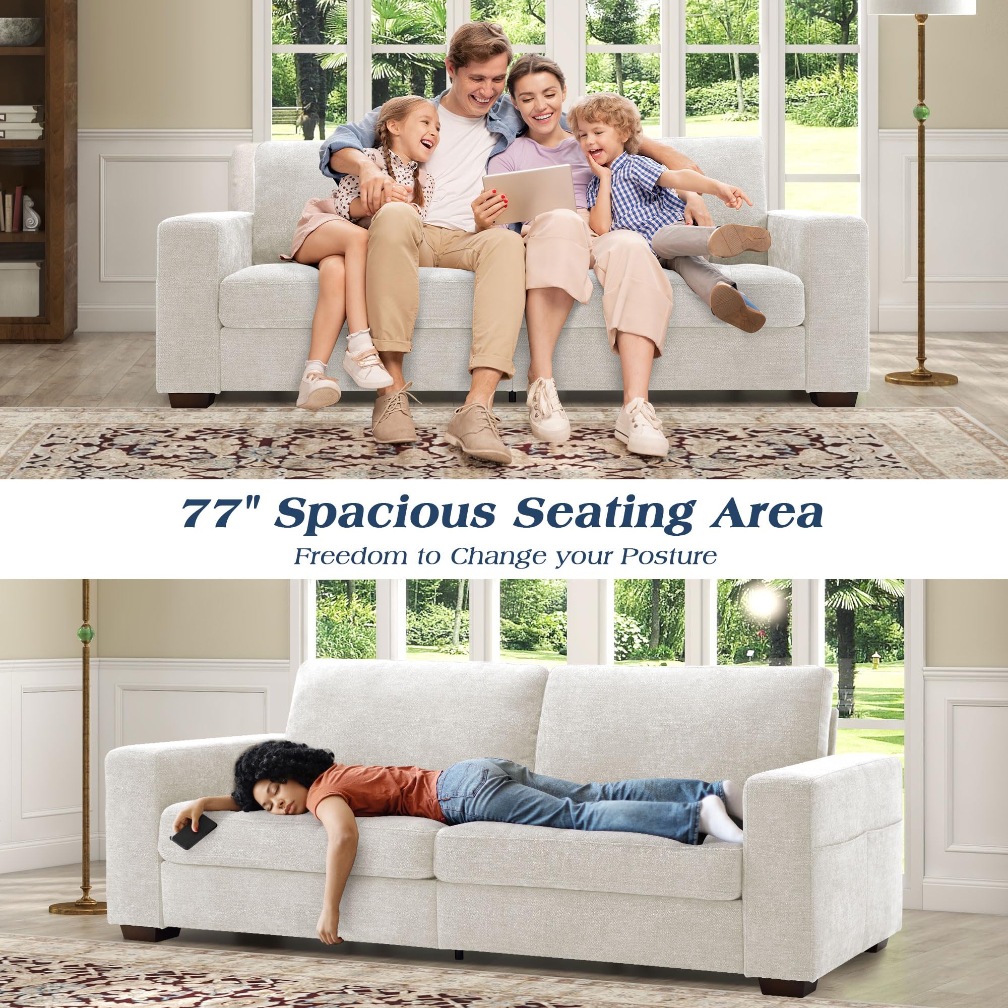 WorthFurni Sofas for Living Room, Chenille Loveseat Couch Set, Small Sofa, 3 Seater Sofa, USB Charging, Removable Sofa Cover,Solid Wood Frame, Easy to Install(70inch,Beige)