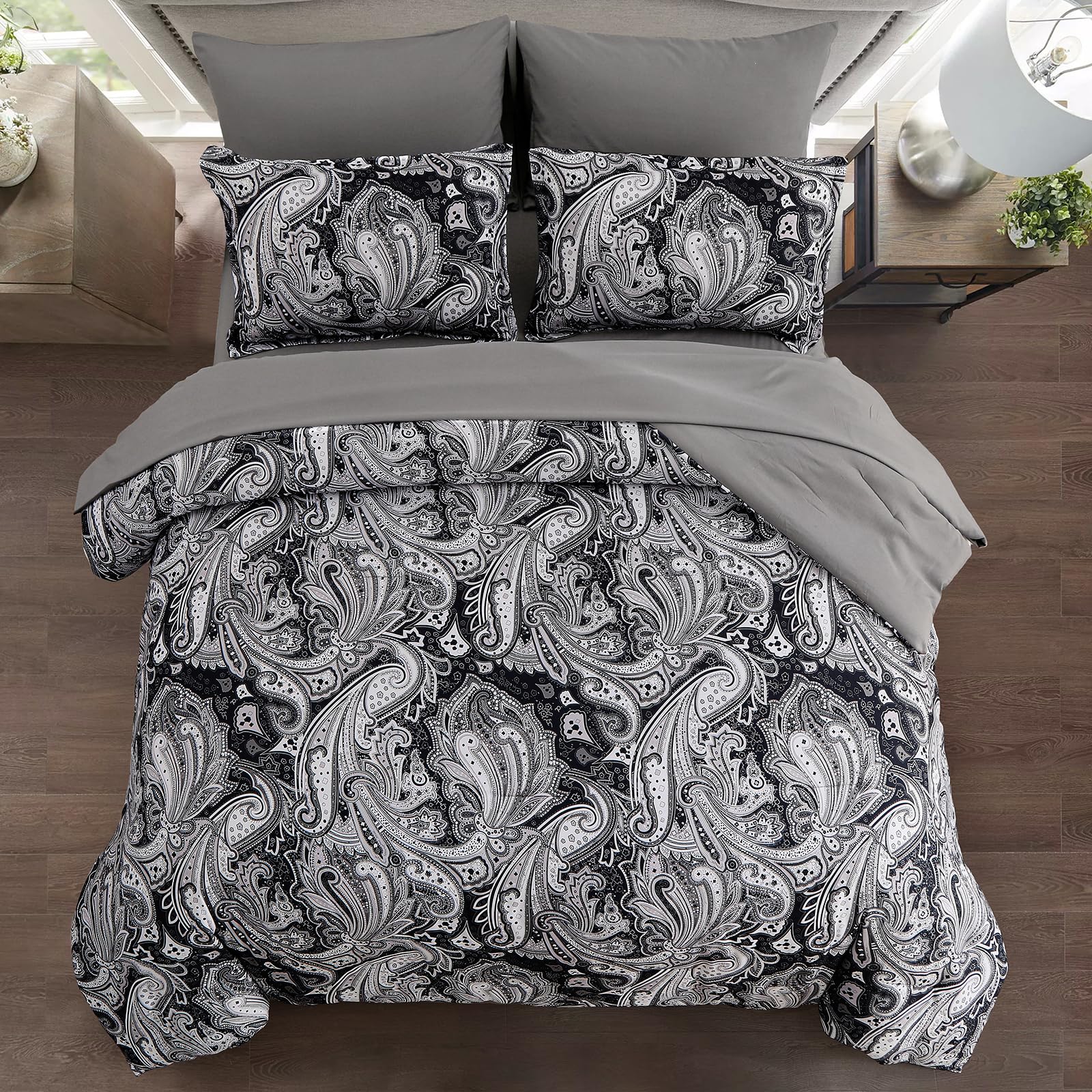 DJY Black Paisley Comforter Set Full Size 7 Piece Bed in a Bag Black and Grey Boho Paisley Pattern Comforter Set Soft Lightweight Microfiber Reversible Bedding Set for All Season