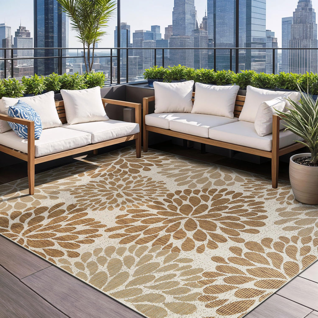 Beverly Rug Outdoor Rug 5x7 Modern Bordered Area Rugs for Indoor and Outdoor Patio Deck Porch Garden Waterproof Weather Sun Resistant Washable Outside Carpet (5 x 7 Beige)