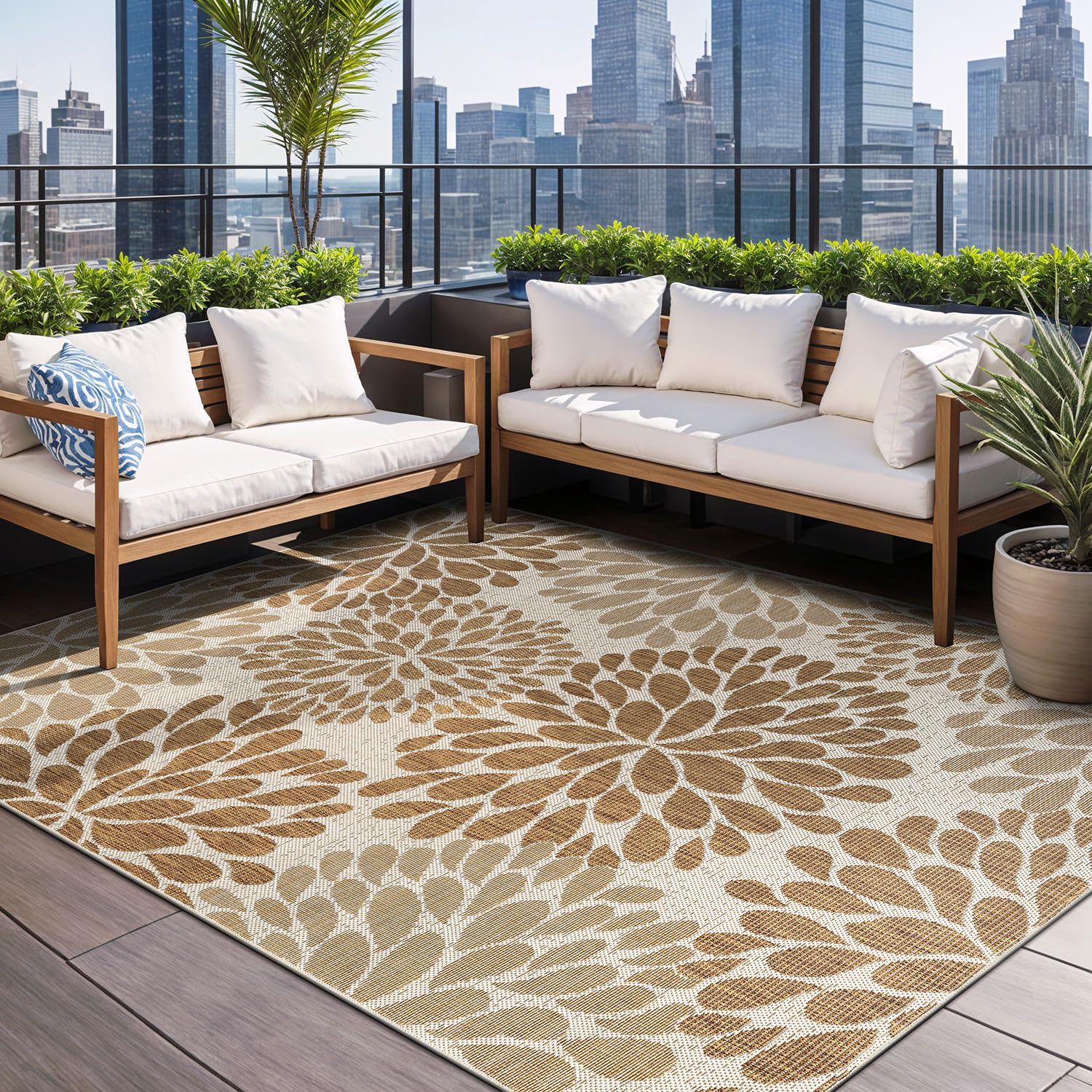 Beverly Rug Outdoor Rug 5x7 Modern Bordered Area Rugs for Indoor and Outdoor Patio Deck Porch Garden Waterproof Weather Sun Resistant Washable Outside Carpet (5 x 7 Beige)