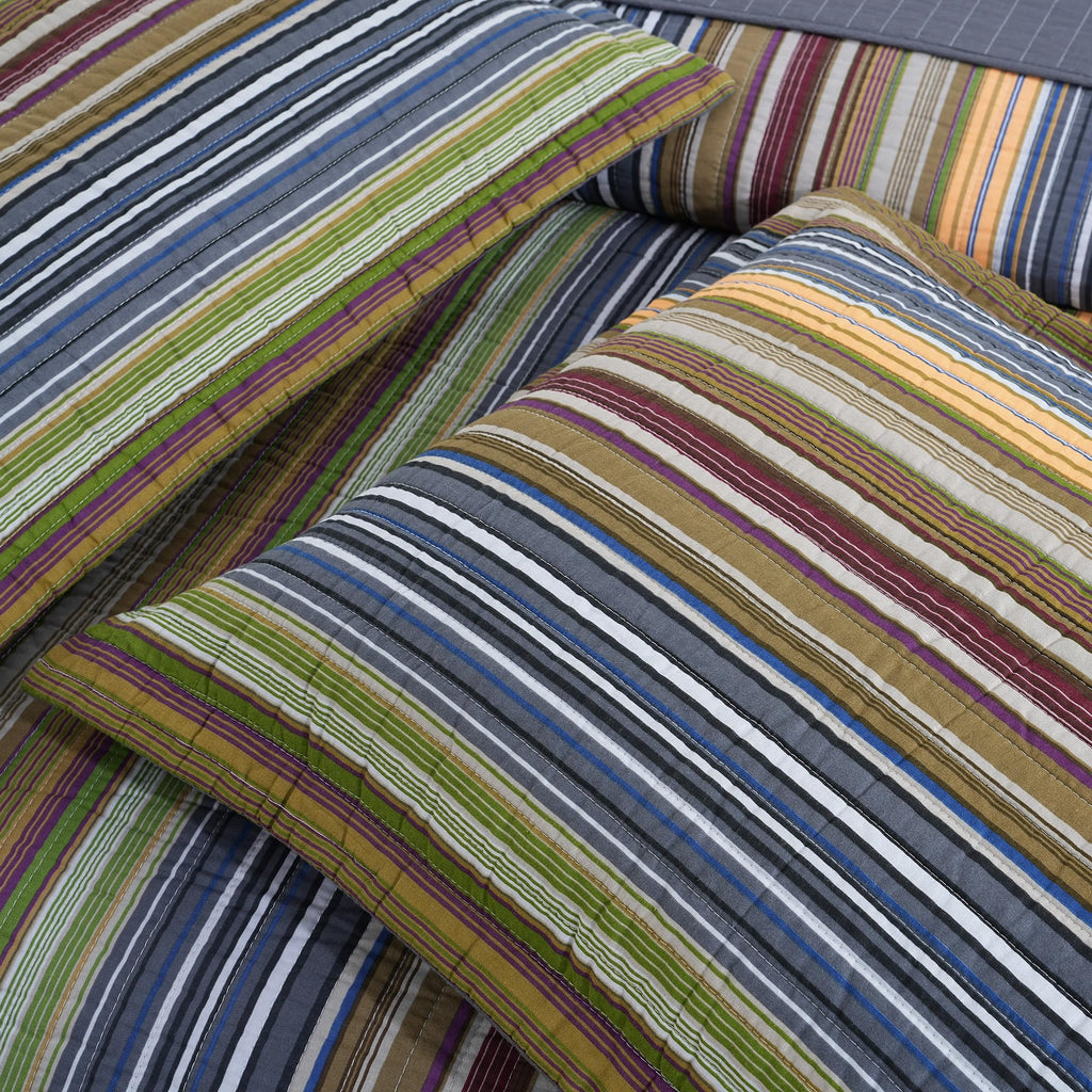 Chezmoi Collection Avery Striped Cotton Quilt Set Twin Size, 2-Piece Soft Pre-Washed 100% Cotton Quilt, Multi-Color Brown