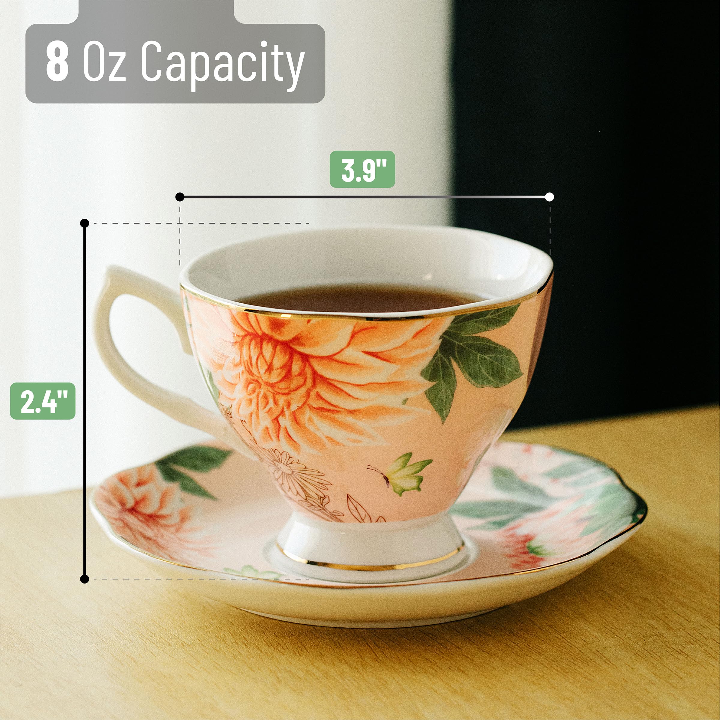BTaT- Tea Cups and Saucers, Set of 6 with Spoon, 8 oz, Fine Porcelain Teacup Set with Gold Trim for Afternoon Tea, Weddings, Parties & Gifting, Dishwasher Safe, Lightweight, Non-Toxic