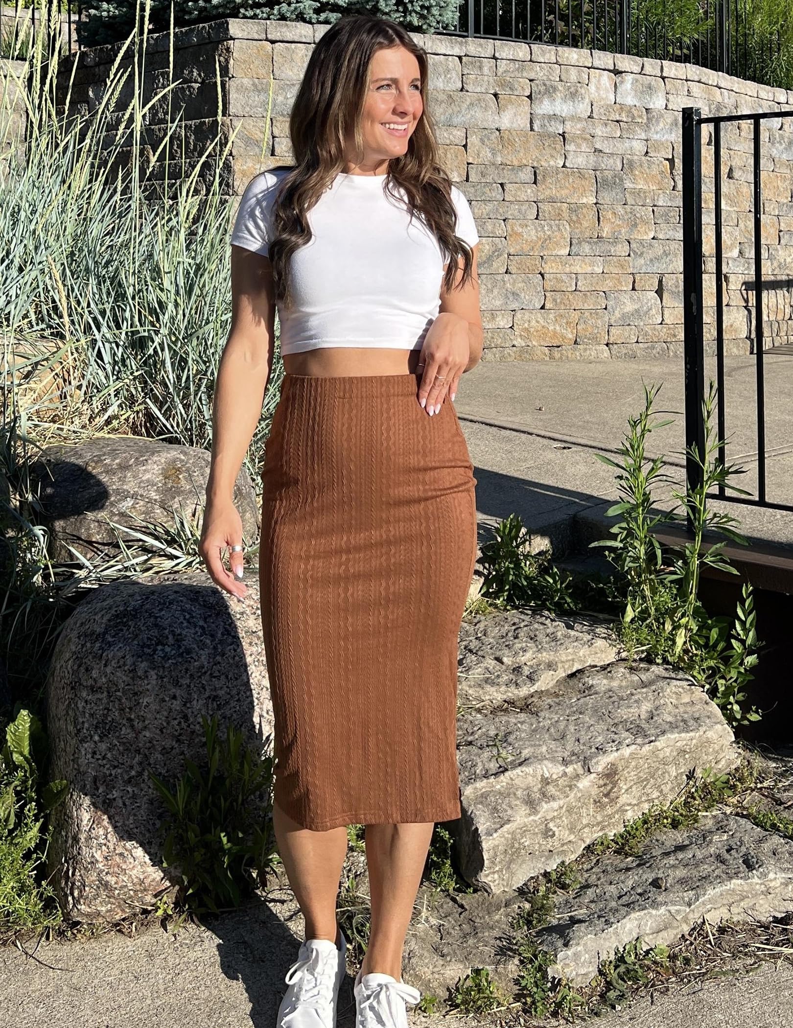 Zeagoo Womens Knit Midi Skirts Casual Pencil Skirt High Waisted Long Skirt with Slit Elegant Work Office Skirts