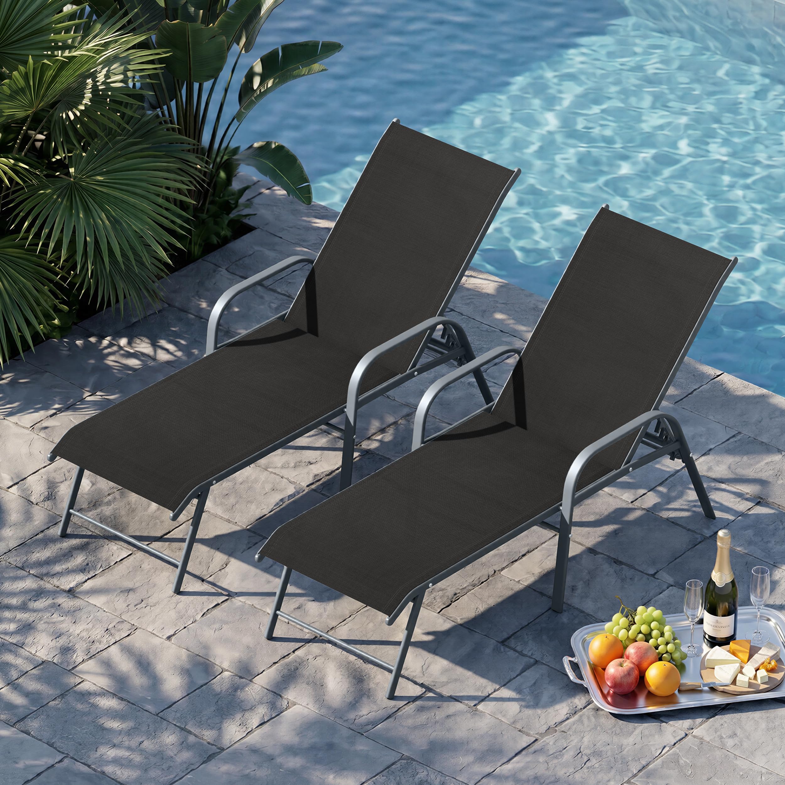 Crestlive Products Chaise Lounge Chair Outdoor with Armrests, Pool Lounge Chairs Set of 2, Aluminum Adjustable 5 Positions Sun Tanning Lounger for Patio, Poolside, Yard, Deck, Backyard (Beige)