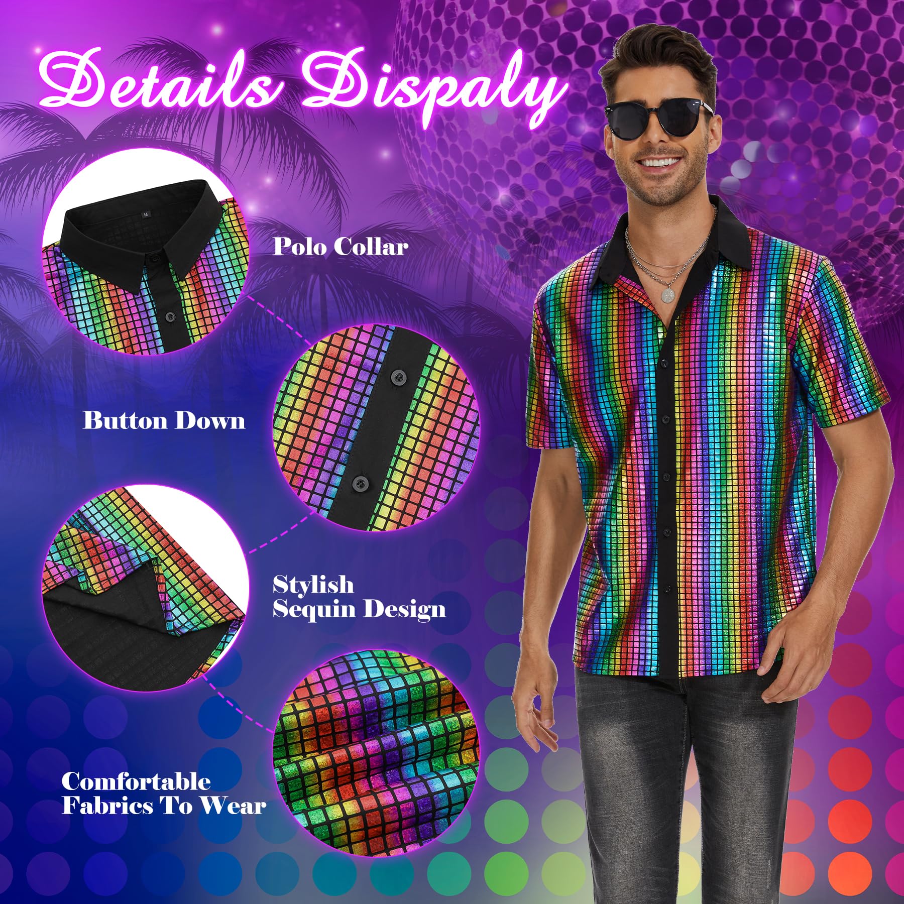 Zando Men's Sequin 70s 80s Disco Shirt - Retro Short Sleeve Button Up Costume Halloween New Year Party Outfit Top & Clubwear