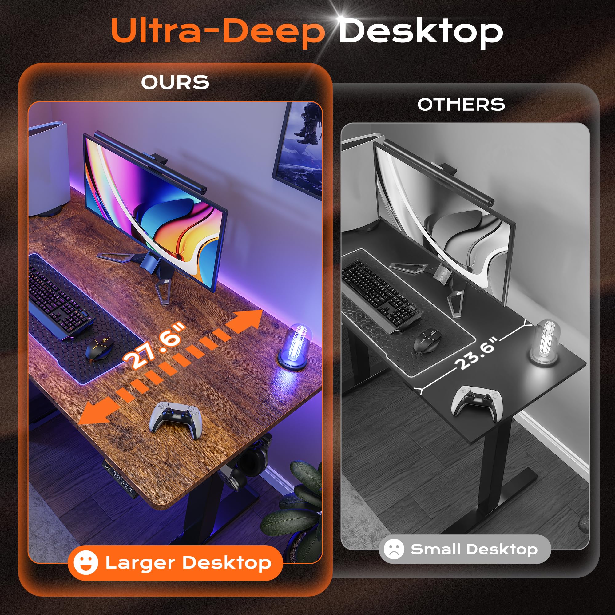 Huuger 48 x 28 Large Electric Standing Desk, Height Adjustable Desk, 27.6" Deep Desktop, Stand up Gaming, 2 Hooks, 3 Preset Heights, for Home Office, Black