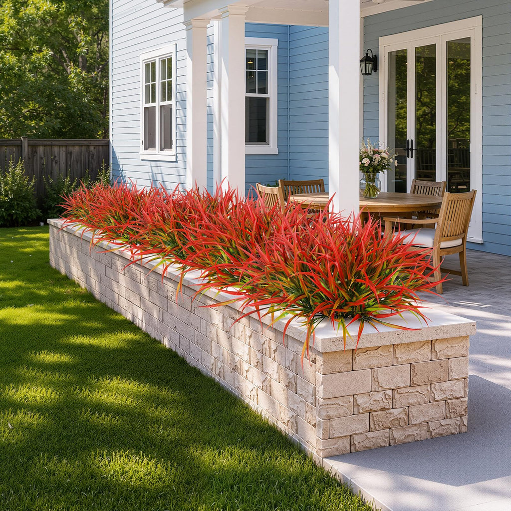 Uieke 28 Bundles Artificial Outdoor Plants UV Resistant Fake Grass Plants Faux Plastic Plants Greenery Shrubs for Home Garden Pathway Window Box Front Porch Cemetery Fall Decor, Autumn Red
