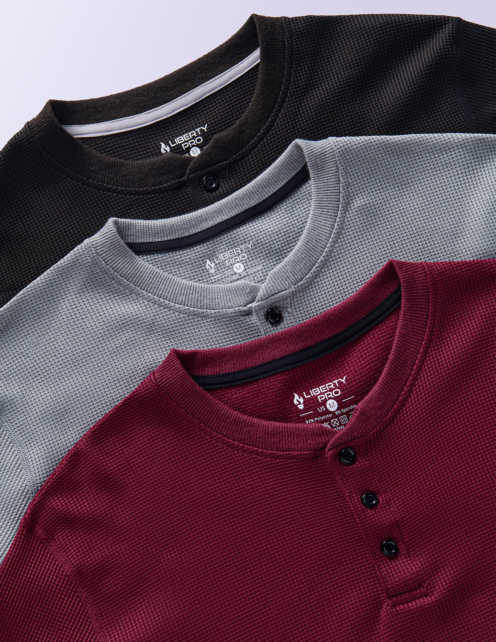 Liberty Pro 3 Pack Mens Waffle Henley Thermal Long Sleeve Shirts, Casual Fitted Fall Shirts for Men