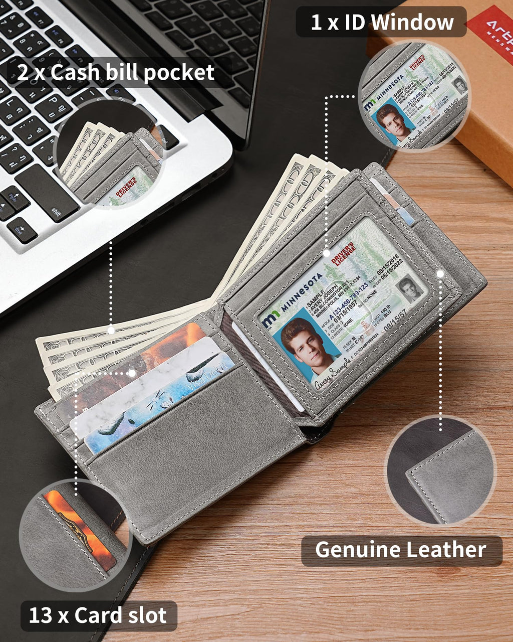 Artpaxy Mens Wallet Genuine Leather Bifold RFID Blocking Wallet for Men with 1 ID Window 13 Card Holders 2 cash pockets 1 Gift Box