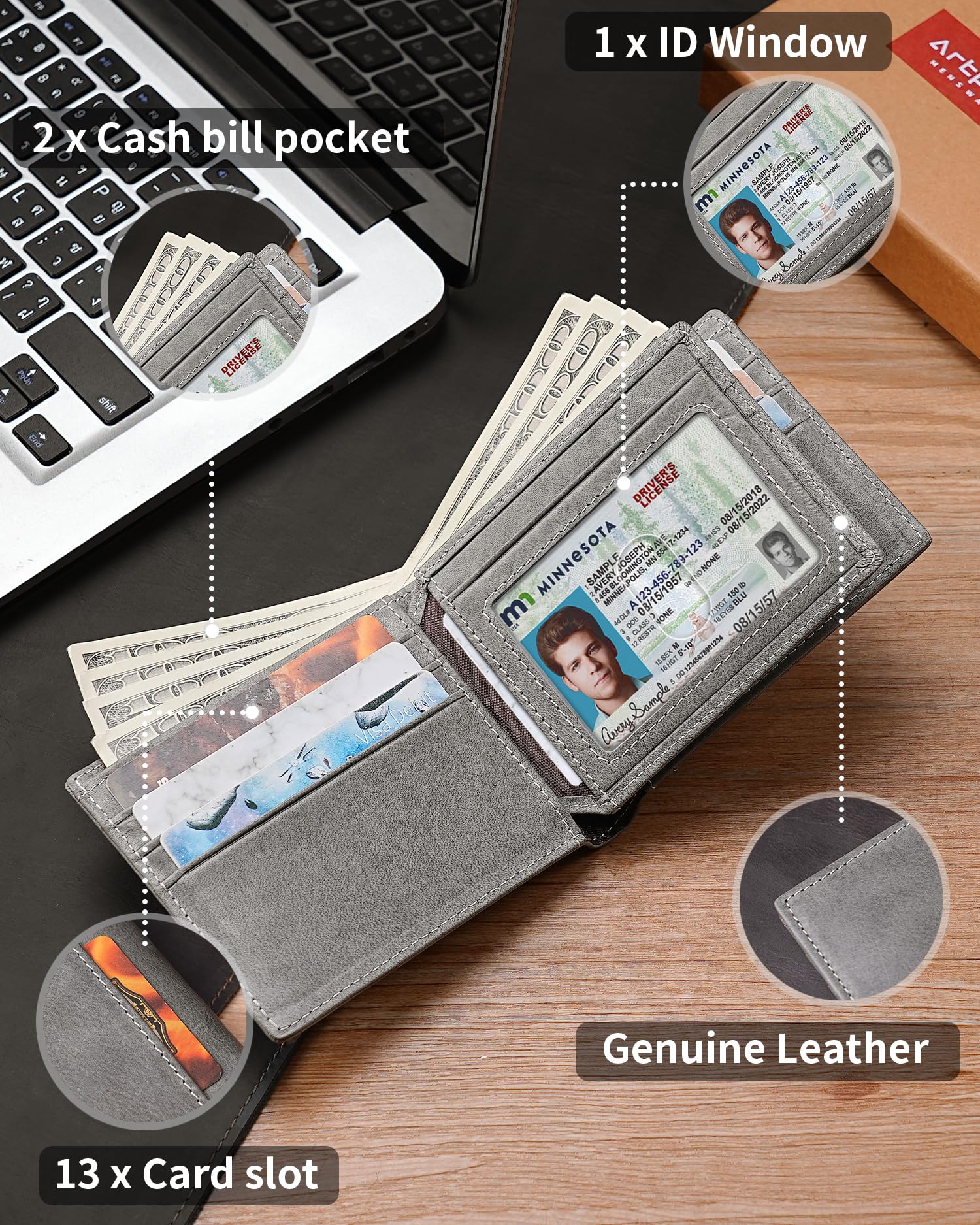 Artpaxy Mens Wallet Genuine Leather Bifold RFID Blocking Wallet for Men with 1 ID Window 13 Card Holders 2 cash pockets 1 Gift Box