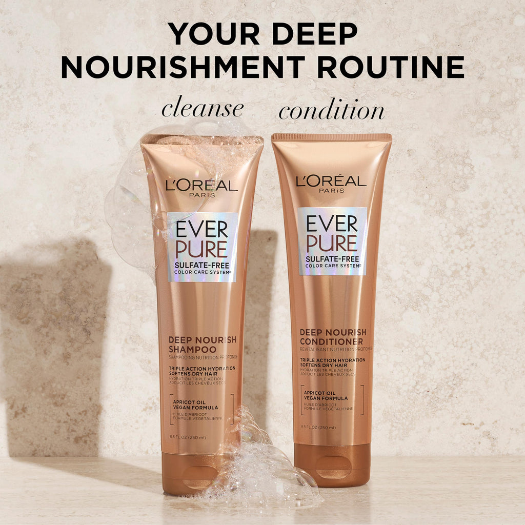 L'Oreal Paris Shampoo, Sulfate Free, Triple Action Hydration for Dry Hair, EverPure, 8.5 Fl Oz (Packaging May Vary), Damaged, Color-Treated Hair, Apricot Oil Infused, Deep Nourish