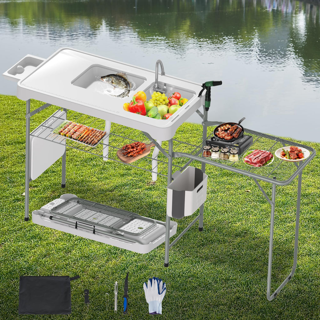 Dragosum Fish Cleaning Table, Portable Folding Camping Table with Folding Grill Extension Board, Fish Cleaning Station with Dual Sinks, Hose Hook Up
