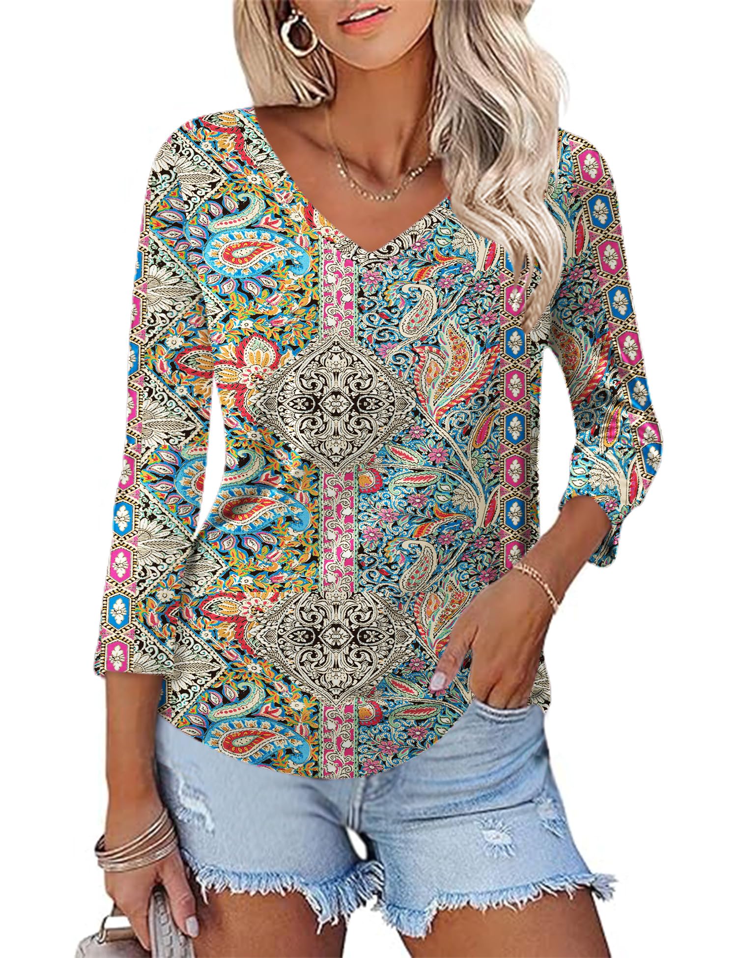 KTILG Women's V Neck T Shirts 3/4 Sleeve Blouse Summer Tops Dressy Casual Solid Basic Tees