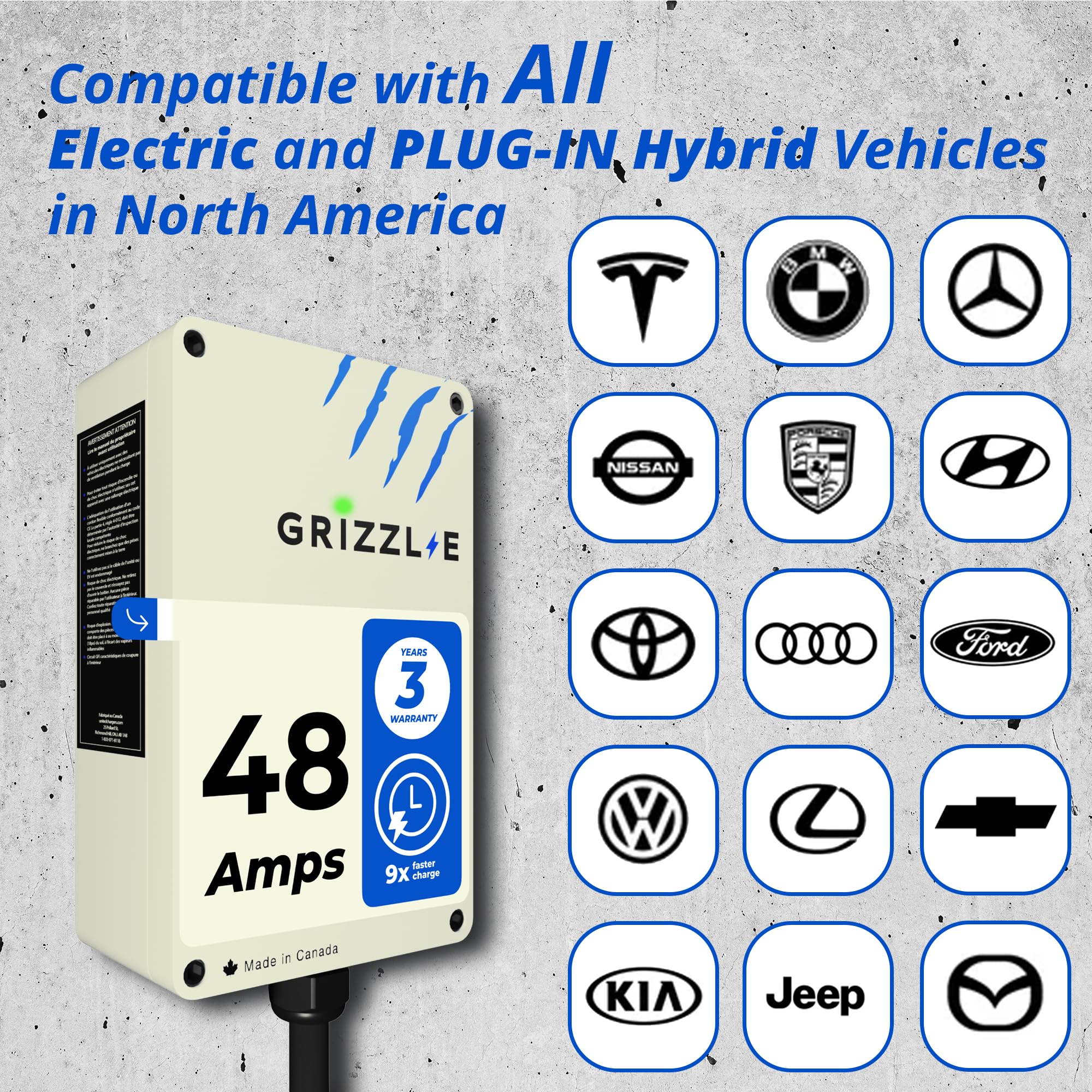 Grizzl-E 48A Ultimate Level 2 Fast Electric Vehicle (EV) Charger, UL Tested and Certified, Metal Case, Indoor/Outdoor Electric Car Fast Charging Station, Hardwired, Classic Black, J1772