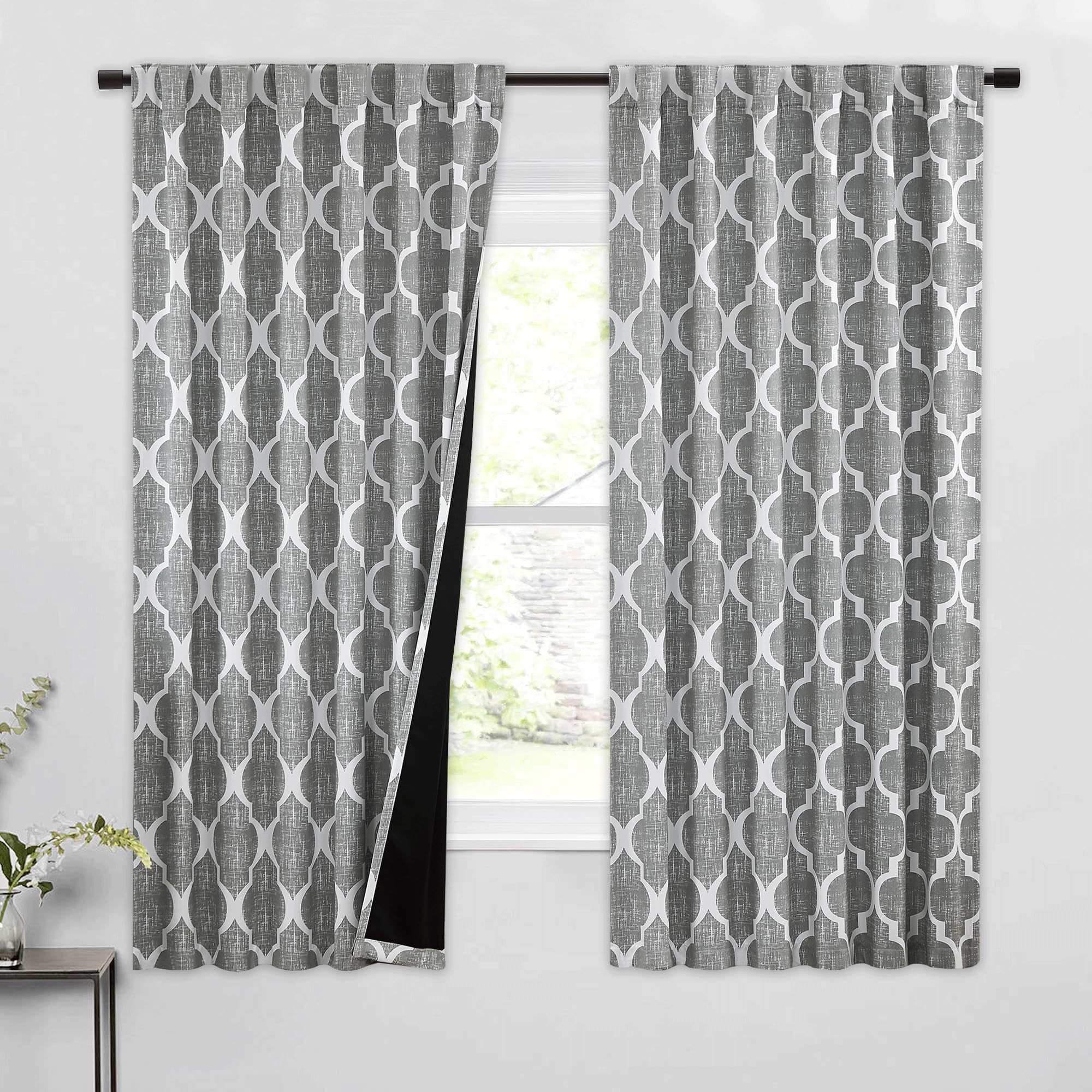 Beauoop 100% Blackout Curtains 45 Inches Long 2 Panels for Bedroom Living Room Aqua Grey Moroccan Geo Room Darkening Thermal Insulated Soundproof Grommet Top Window Treatments Drapes, 50x45 Set of 2
