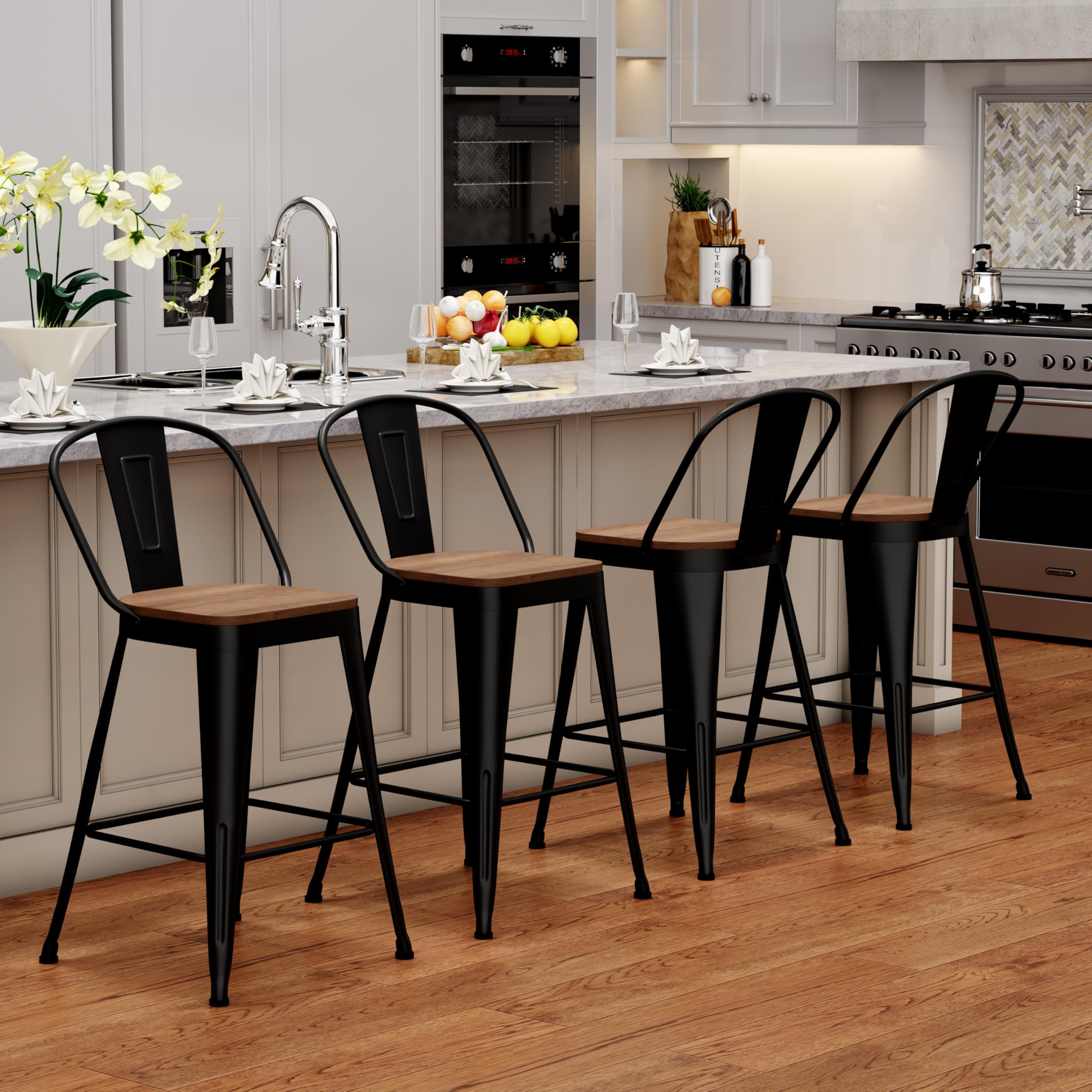 Barstools Set of 4 Counter Height Bar Stools for Kitchen Island Farmhouse Metal High Back Bar Chairs Wooden Seat 24" Matte Black