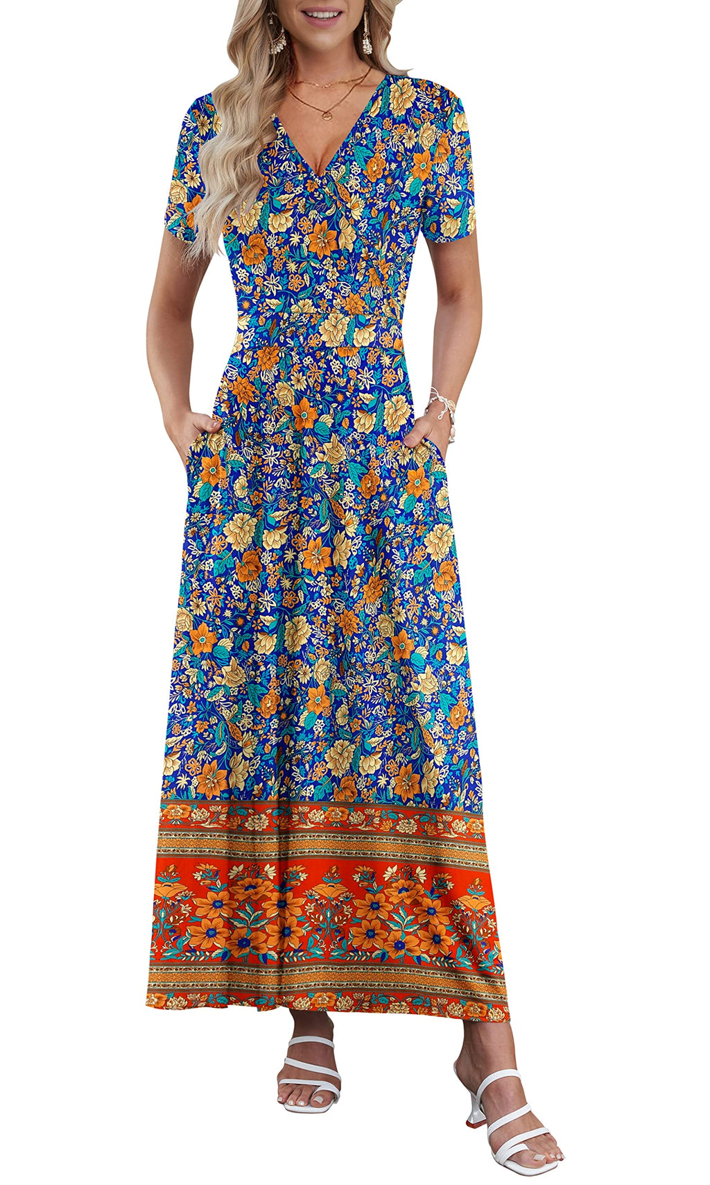 AUSELILY Maxi Dresses for Women Ankle Length Floral Print Beach Long Flowy Dress with Pockets
