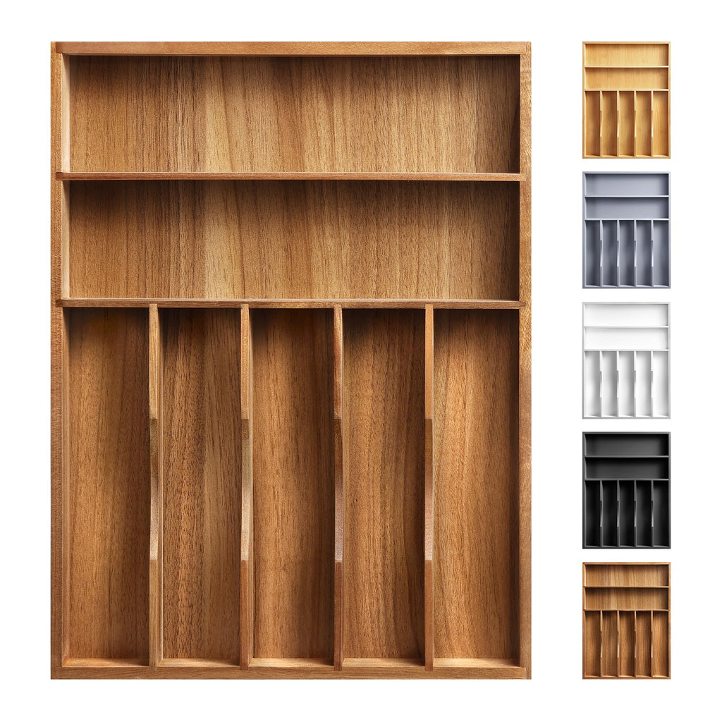 Expandable Acacia Kitchen Drawer Organizer for Cutlery and Utensils, Adjustable Acacia Wood Cutlery Tray in Drawer for Flatware and Silverware in Kitchen