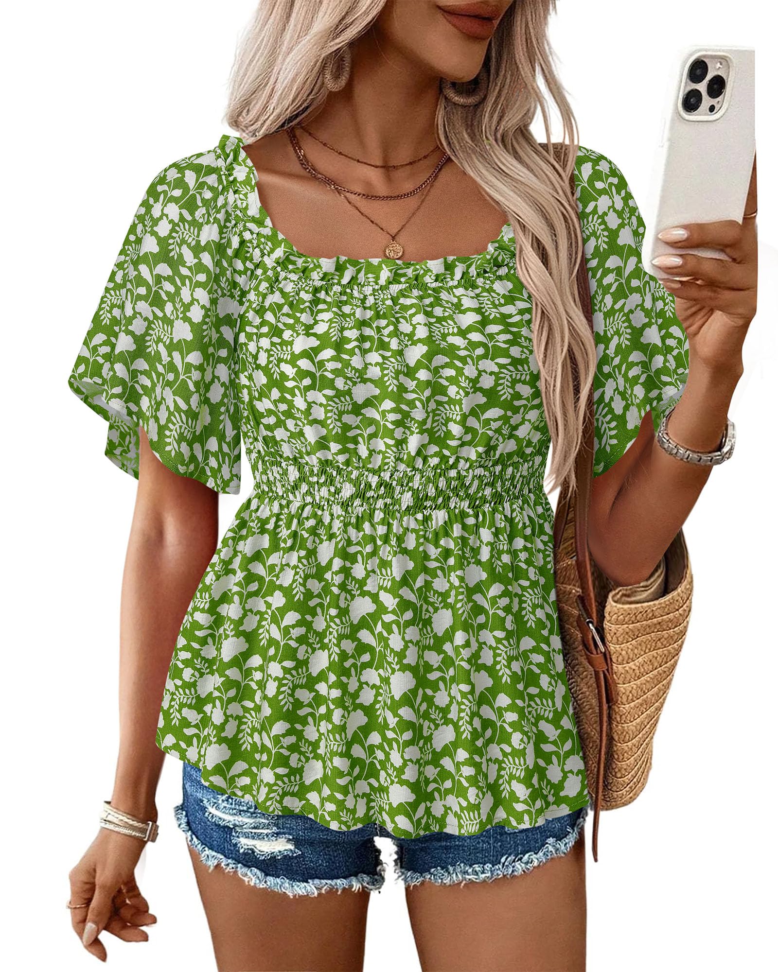 Bebonnie Women's Summer Sexy Off The Shoulder Peplum Tops Ruffle Sleeve Dressy Blouses