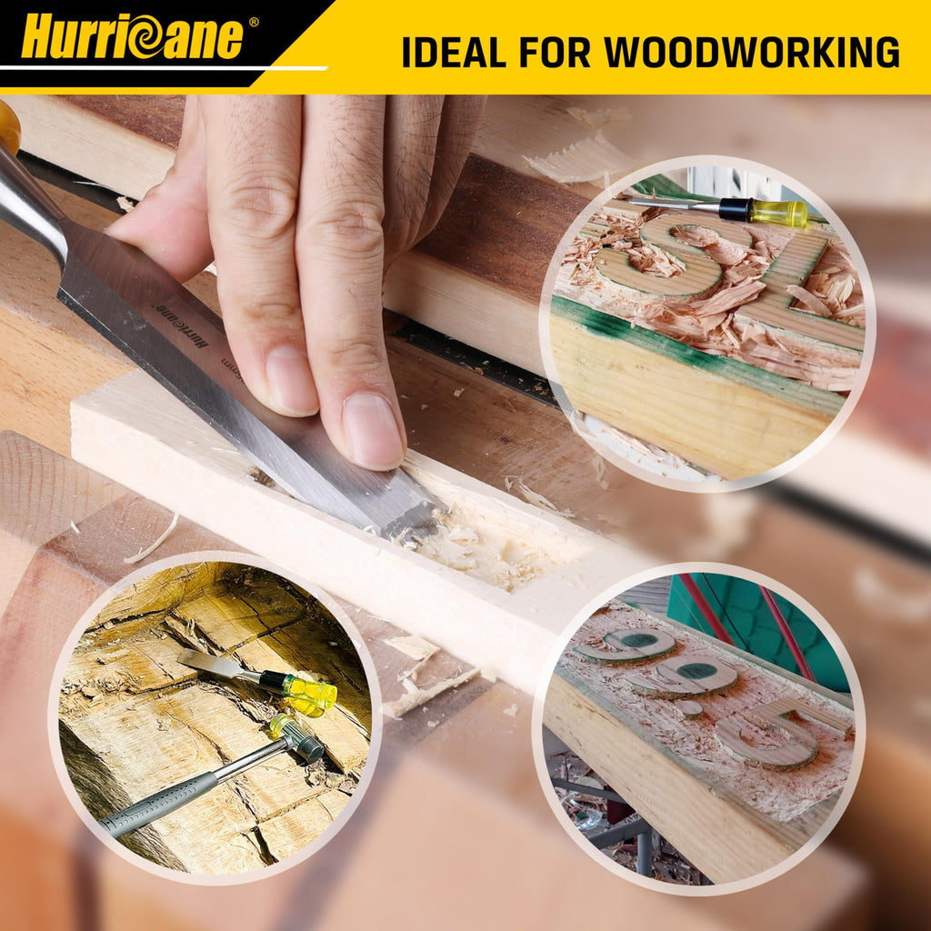 HURRICANE 4 Piece Wood Chisel Set for Woodworking. CR-V Steel Beveled Edge Blades with Safety Caps. Extra Large Grip, Impact-Resistant PVC Handle Chisels (1/4", 1/2", 3/4", 1")