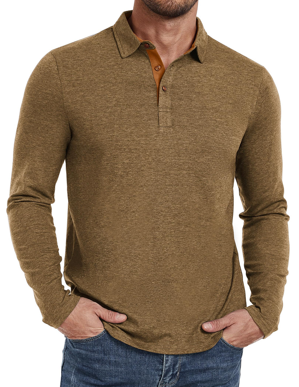 PEGENO Mens Polo Short/Long Sleeve Shirt Classic Button Basic Solid Color Designed Collared Polo Shirt Fashion Casual Shirts
