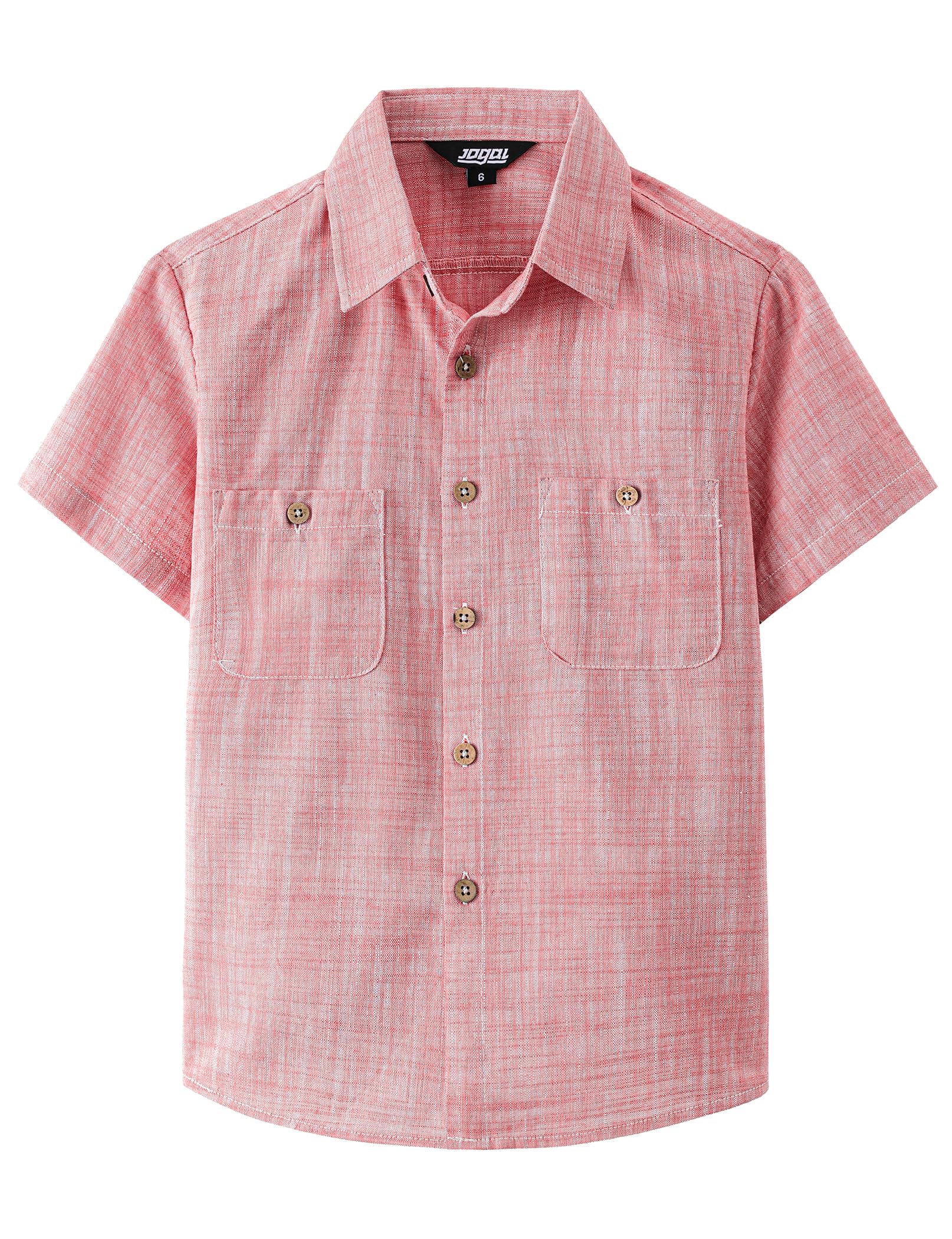 JOGAL Boys Chambray Shirts Short Sleeve Button Down Casual Cotton Woven Shirt with Two Pockets for Kids 6-14 Years