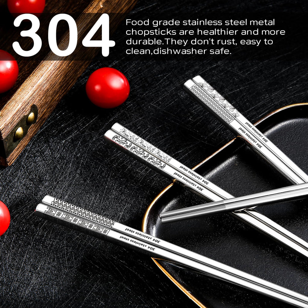 8 Pairs Metal Chopsticks Reusable Black Stainless Steel Chopsticks Set Laser Engraved Non-slip Japanese Korean Chinese Chopstick for Cooking Eating Dishwasher Safe 9.25" Chop Sticks Gift Set
