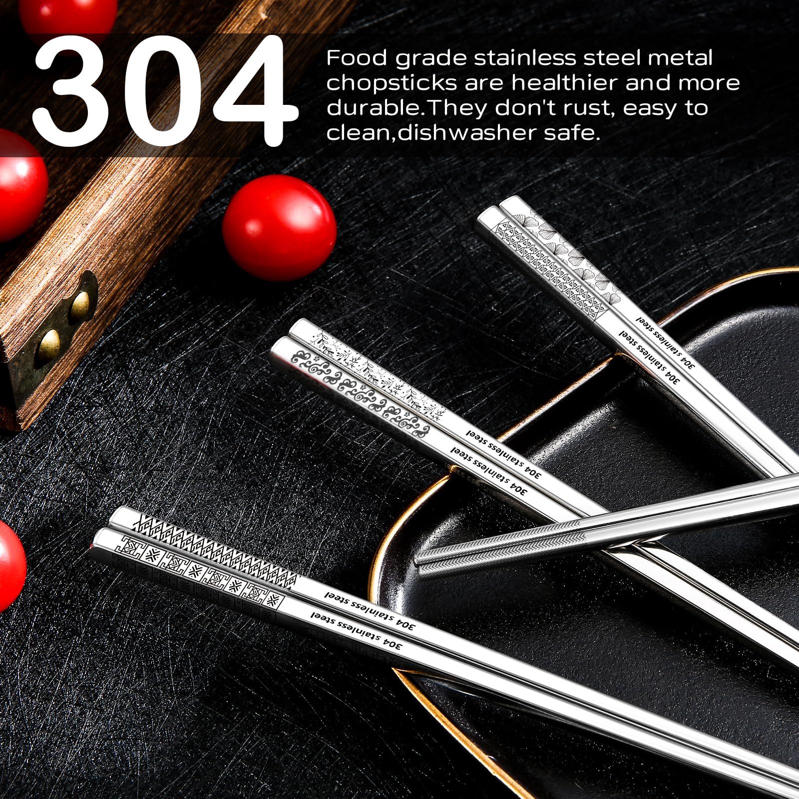 8 Pairs Metal Chopsticks Reusable Black Stainless Steel Chopsticks Set Laser Engraved Non-slip Japanese Korean Chinese Chopstick for Cooking Eating Dishwasher Safe 9.25" Chop Sticks Gift Set
