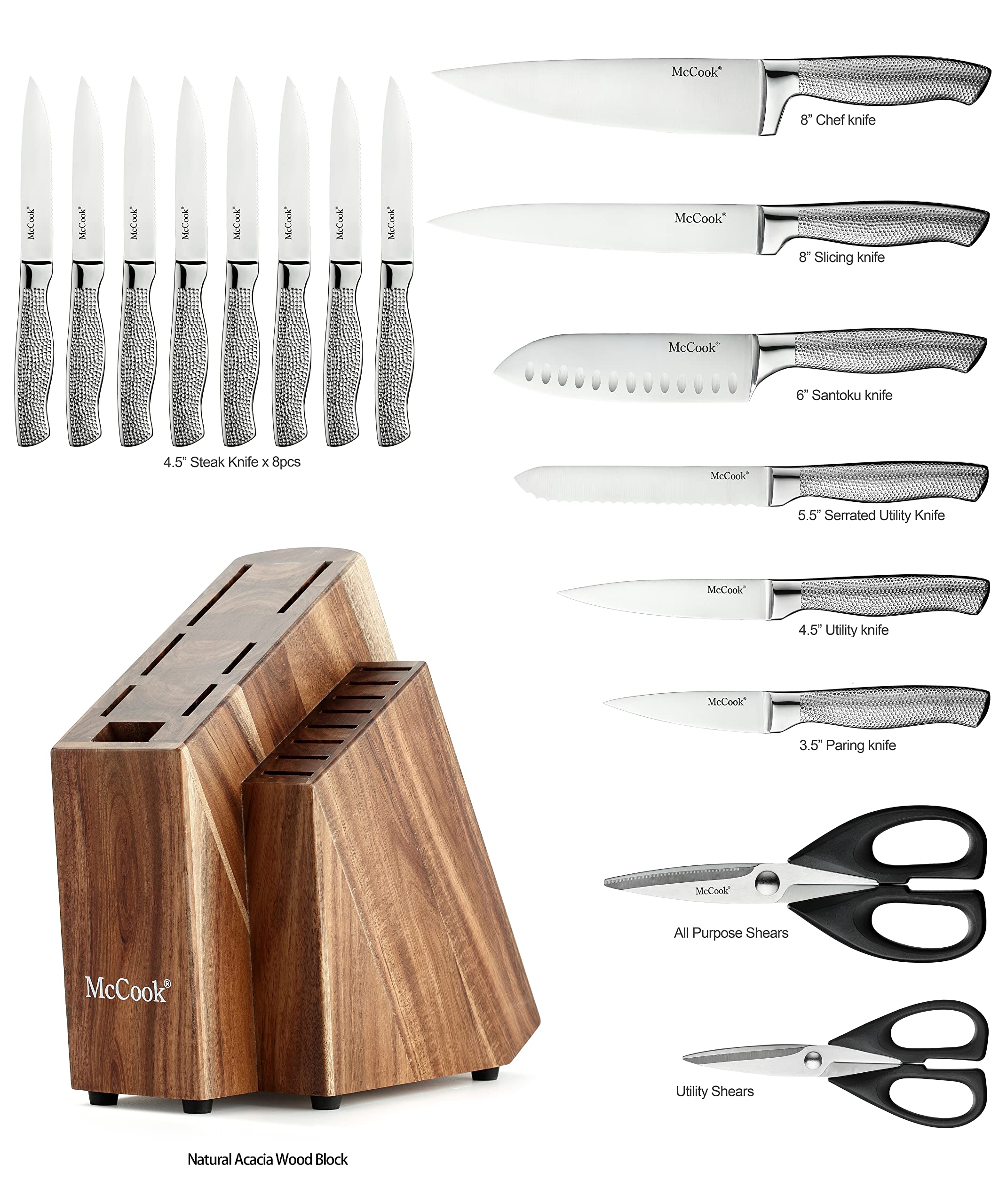 McCook® Knife Sets,German Stainless Steel Kitchen Knife Block Set with Built-in Sharpener, 20-Piece Razor-Sharp Kitchen Knives, Forged Triple Rivet,Full Tang,Ergonomic Handle,Elegant Box for Gift