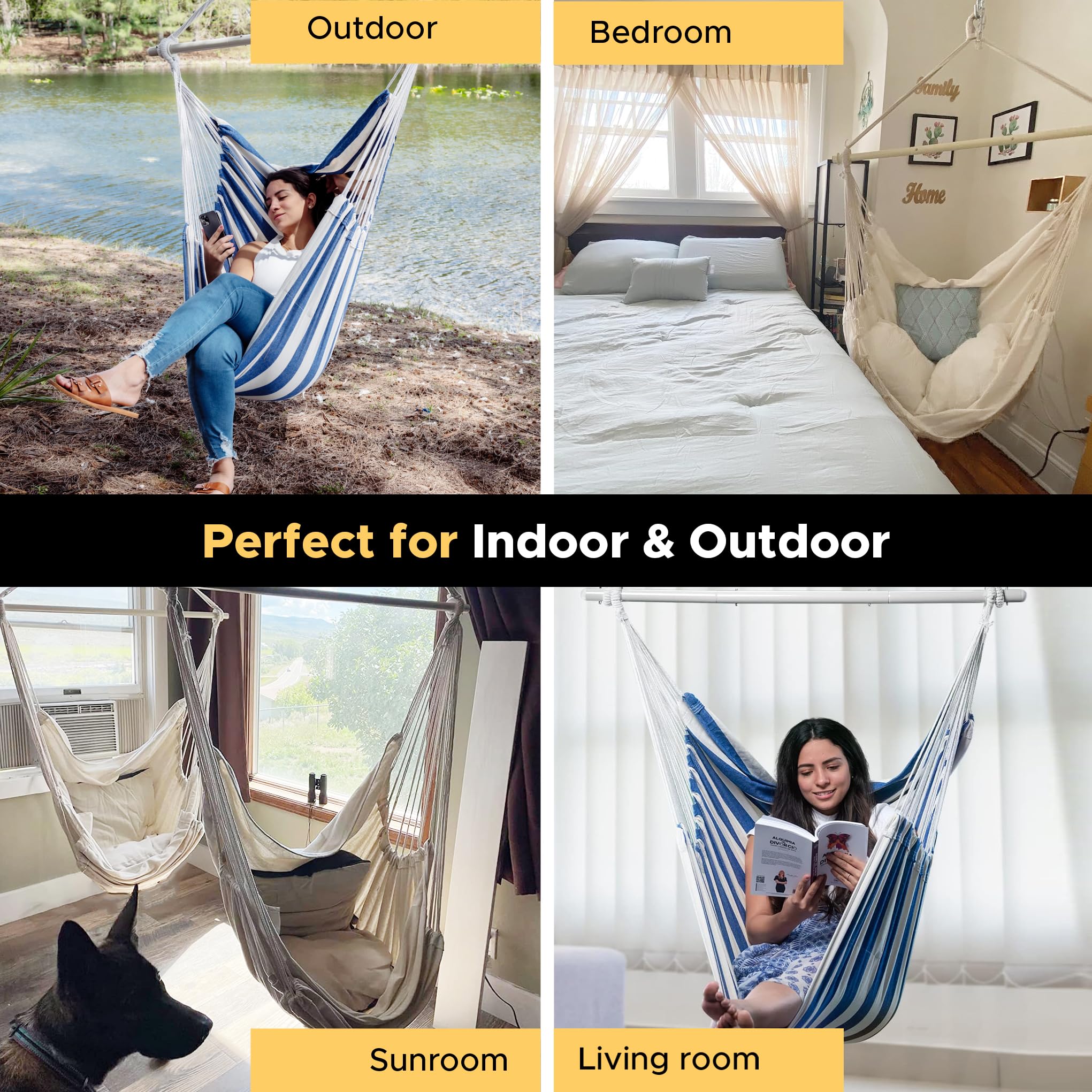 ADVOKAIR Hammock Chair Large 70.9"x47.2", 32% Bigger XXL Hanging Swing Chair with 500lbs Capacity, Heavy Duty Steel Spreader Bar, Extra Roomy Comfort for Adult Indoor Outdoor Bedroom Patio