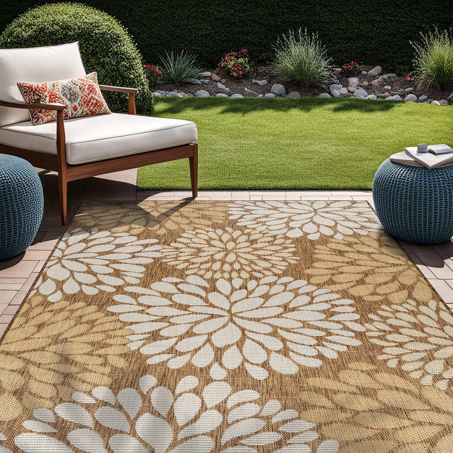 Beverly Rug Outdoor Rug 5x7 Modern Bordered Area Rugs for Indoor and Outdoor Patio Deck Porch Garden Waterproof Weather Sun Resistant Washable Outside Carpet (5 x 7 Beige)