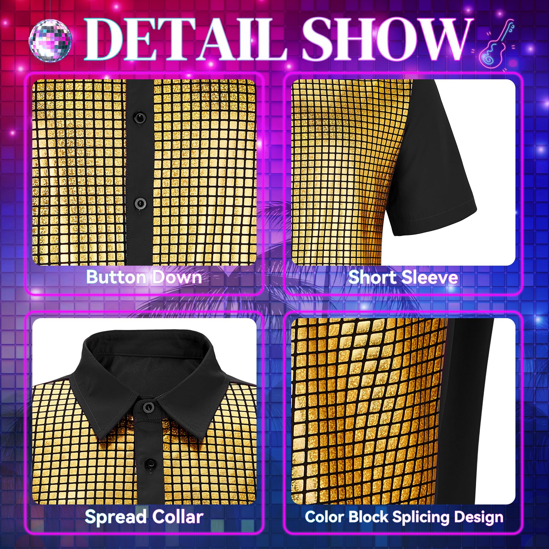 Zando Men's Sequin 70s 80s Disco Shirt - Retro Short Sleeve Button Up Costume Halloween New Year Party Outfit Top & Clubwear