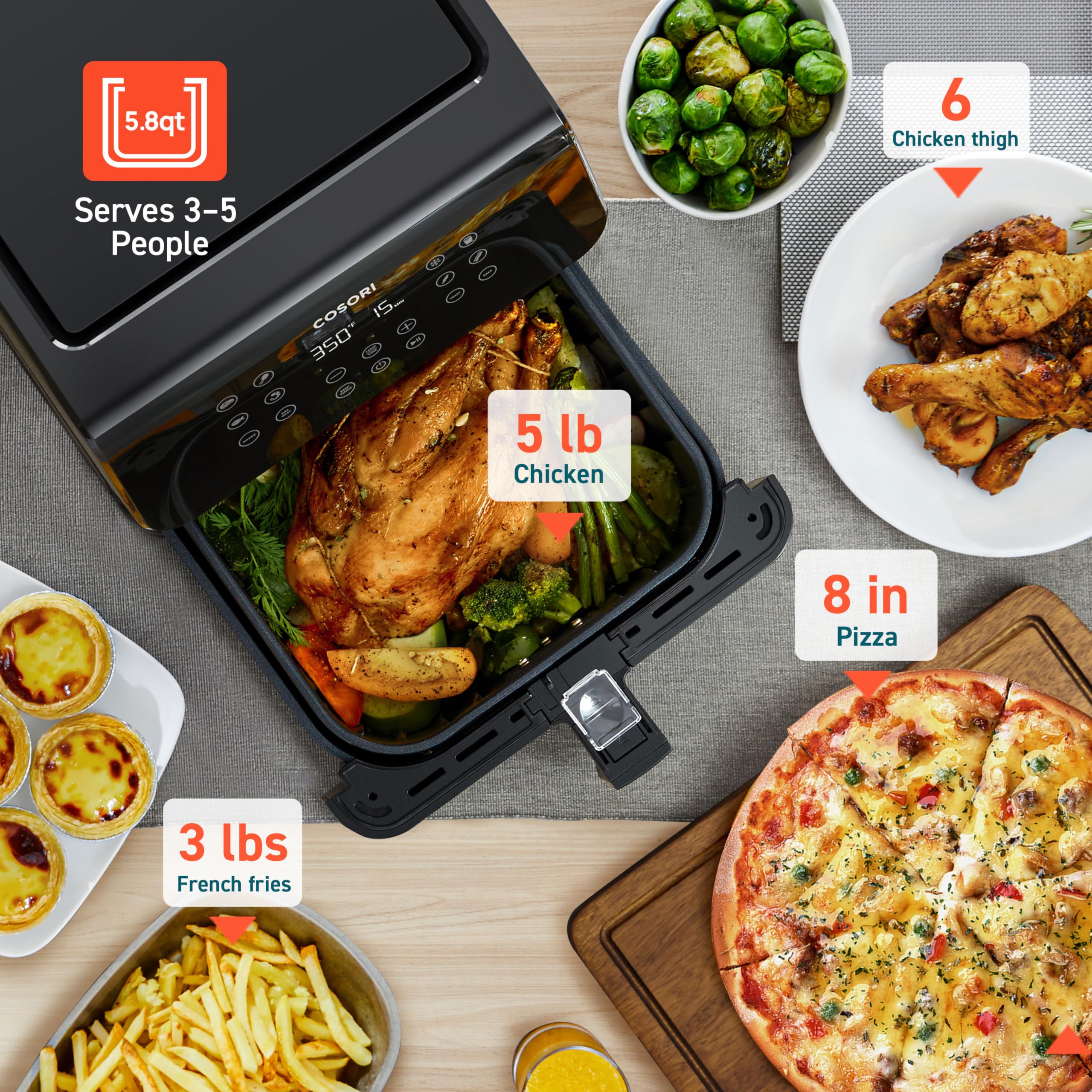 Cosori 12-in-1 Air Fryer 5.8QT, Toast, Bake, Nutrition Facts for 100+ In-App Recipes, AdaptIQ Tech Fast Cook, for Main & Side Dishes, Snacks, Leftovers, Detachable Square Basket, Dishwasher Safe
