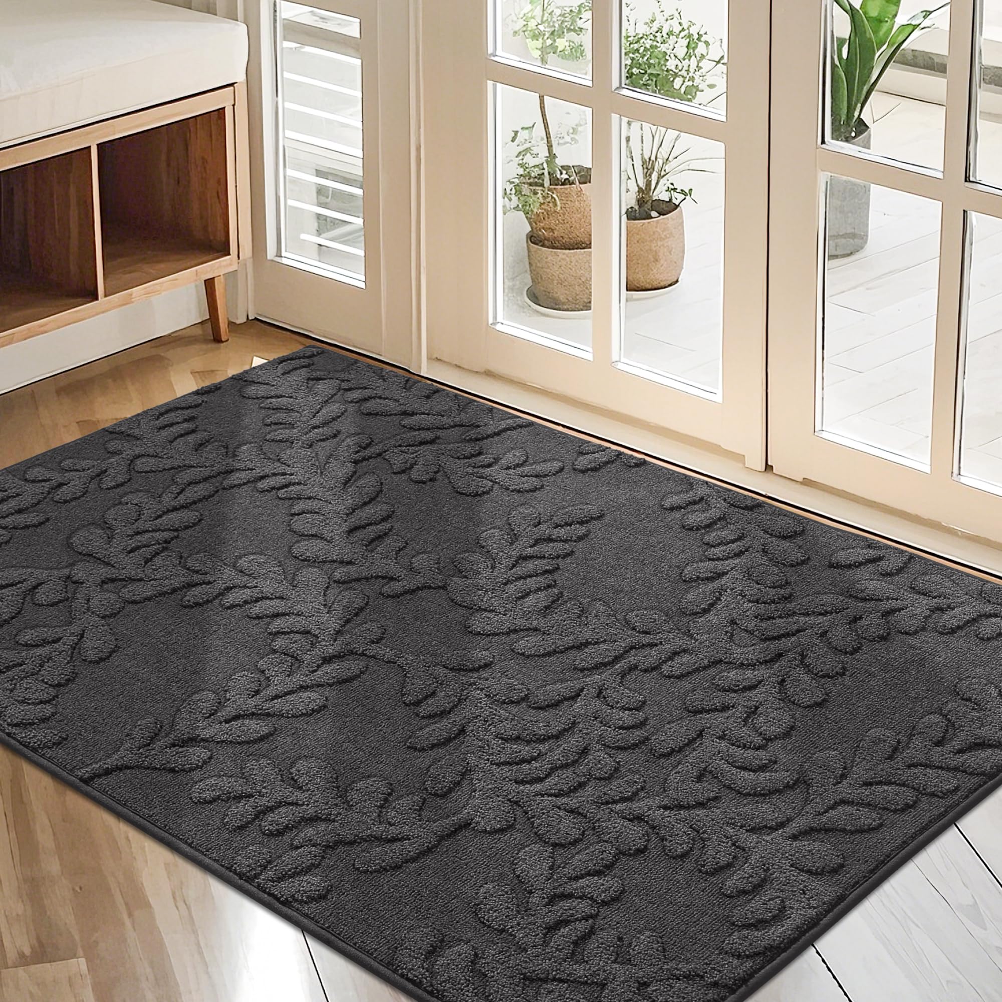 BEQHAUSE Door Mats 20”x32”, Non-Slip TPR Backing Entryway Doormat, Super Absorbent Welcome Mat for Front Door, Mud Shoes & Paws, Washable Entry Rugs, Black