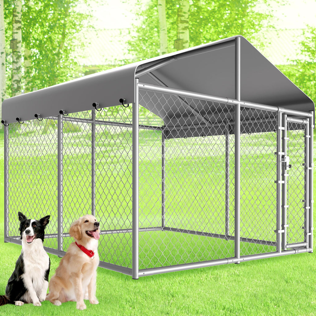 Dog Kennel Outside with Roof, Large Dog Run Enclosure, Outdoor Heavy Duty Pens House Pet Playpen with Galvanized Chain Link Waterproof Cover and Secure Lock(6.76'Lx6.76'Wx5.64'H)