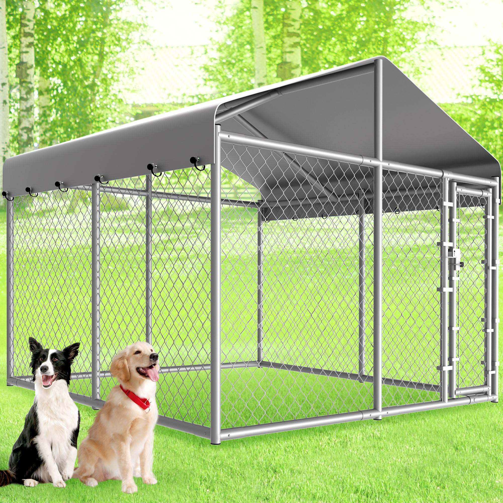 Dog Kennel Outside with Roof, Large Dog Run Enclosure, Outdoor Heavy Duty Pens House Pet Playpen with Galvanized Chain Link Waterproof Cover and Secure Lock(6.76'Lx6.76'Wx5.64'H)