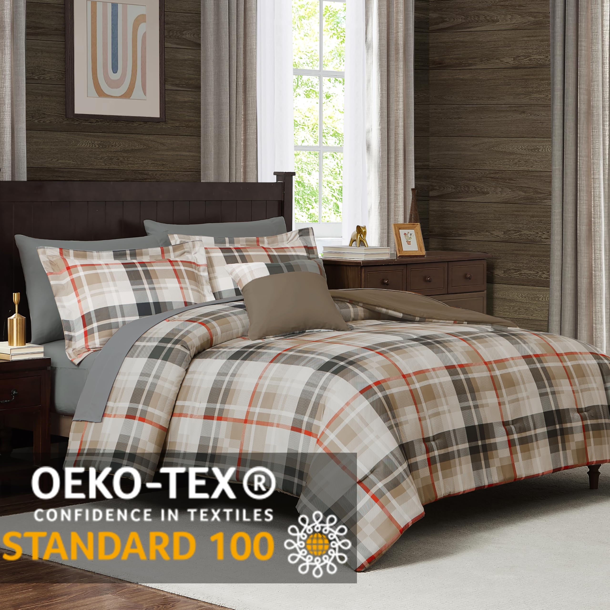 MaiRêve Queen Comforter Set, Classic Plaid Farmhouse Bedding Sets 7 Pieces, Beige All Season Bed in A Bag with Sheets, Pillowcases & Shams