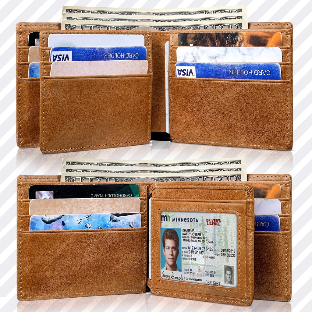 Artpaxy Mens Wallet Genuine Leather Bifold RFID Blocking Wallet for Men with 1 ID Window 13 Card Holders 2 cash pockets 1 Gift Box