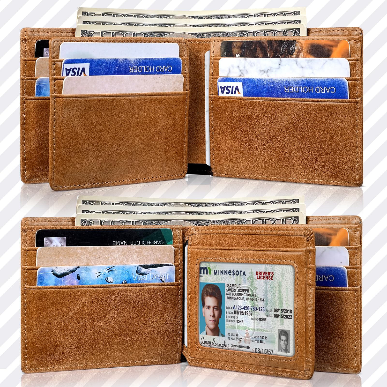 Artpaxy Mens Wallet Genuine Leather Bifold RFID Blocking Wallet for Men with 1 ID Window 13 Card Holders 2 cash pockets 1 Gift Box