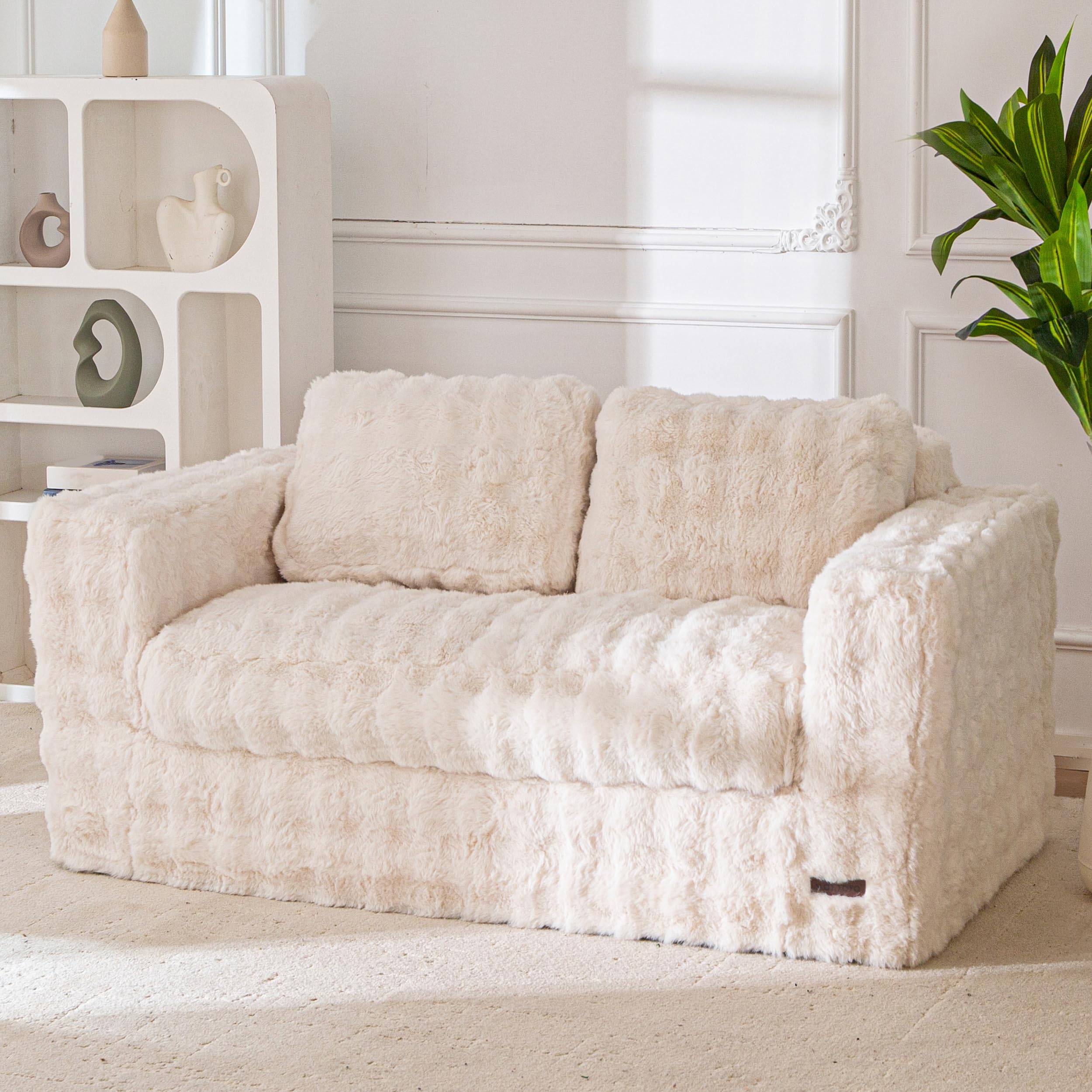 MAXYOYO 3 Seater Sofa Couch for Living Room, Tufted Boneless Couch Sofa Couch, Comfy Bubbled Bean Bag Chair for Apartment, No Assembly Needed, Beige