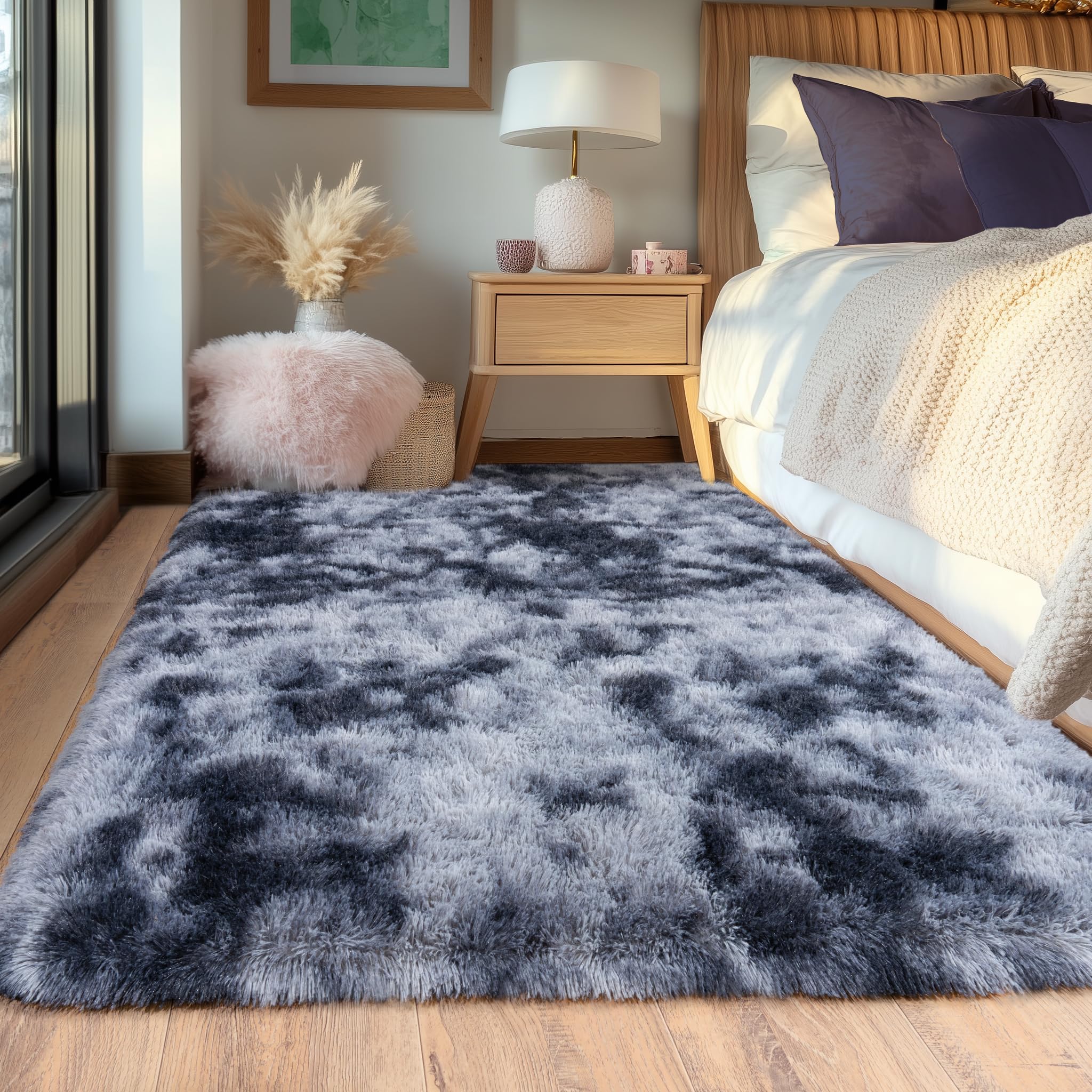 Beige Fluffy Rug for Bedroom 4x6ft - Ultra Soft & Non Slip Shaggy Area Rug, Comfy Durable Carpet for Living Room Kids Room Teens Dorm Home Decor, 1.7'' Thick Indoor Plush Carpets