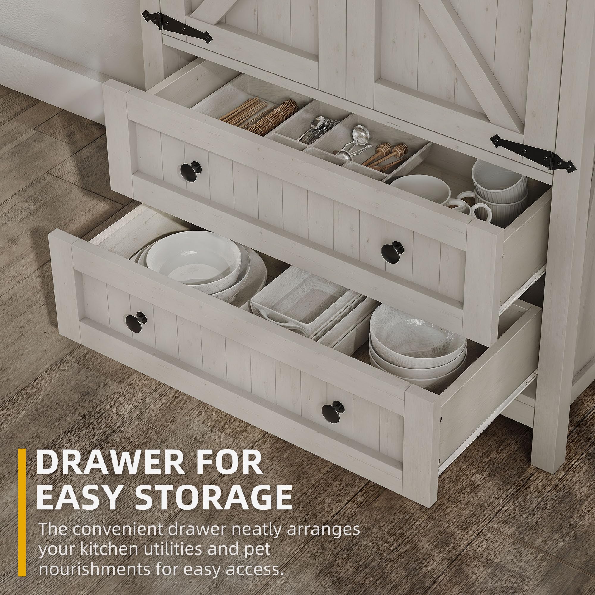 DWVO Farmhouse Kitchen Pantry Cabinet, 64.5" Tall Storage Cabinet with 2 Drawers and Adjustable Shelves, Versatile Storage for Living Room, Dining Room or Hallway, Oak Black