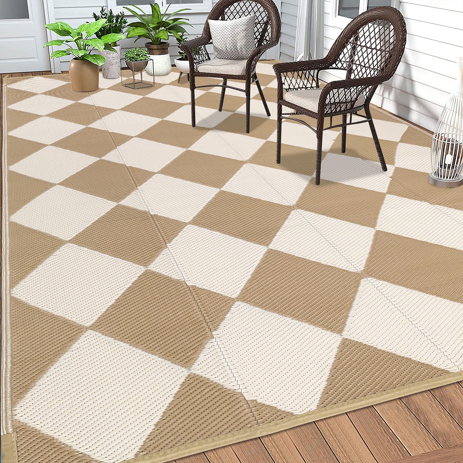 HEBE Checkered Outdoor Rug Waterproof 5x8, Reversible Plastic Straw Rug RV Camping Rug, Indoor Outdoor Patio Mat Clearance, Outside Carpet for Porch,Deck,Camper,Balcony,Backyard,Picnic