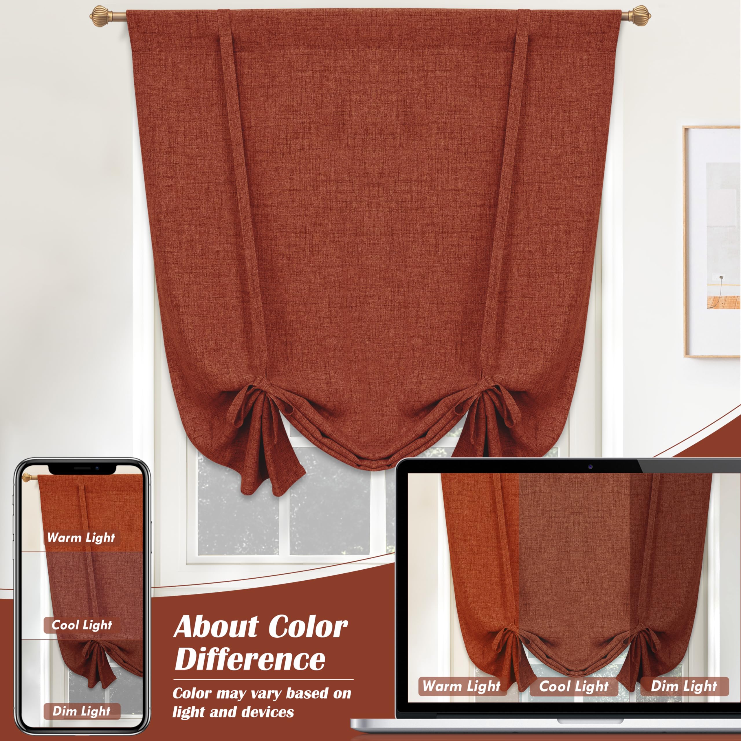 DriftAway Double Layer Linen Blackout Tie Up Curtains Thermal Insulated Fully Lined Balloon Roman Shade Bathroom Window Adjustable Rod Pocket for Small Window 25 Inch by 47 Inch Beige
