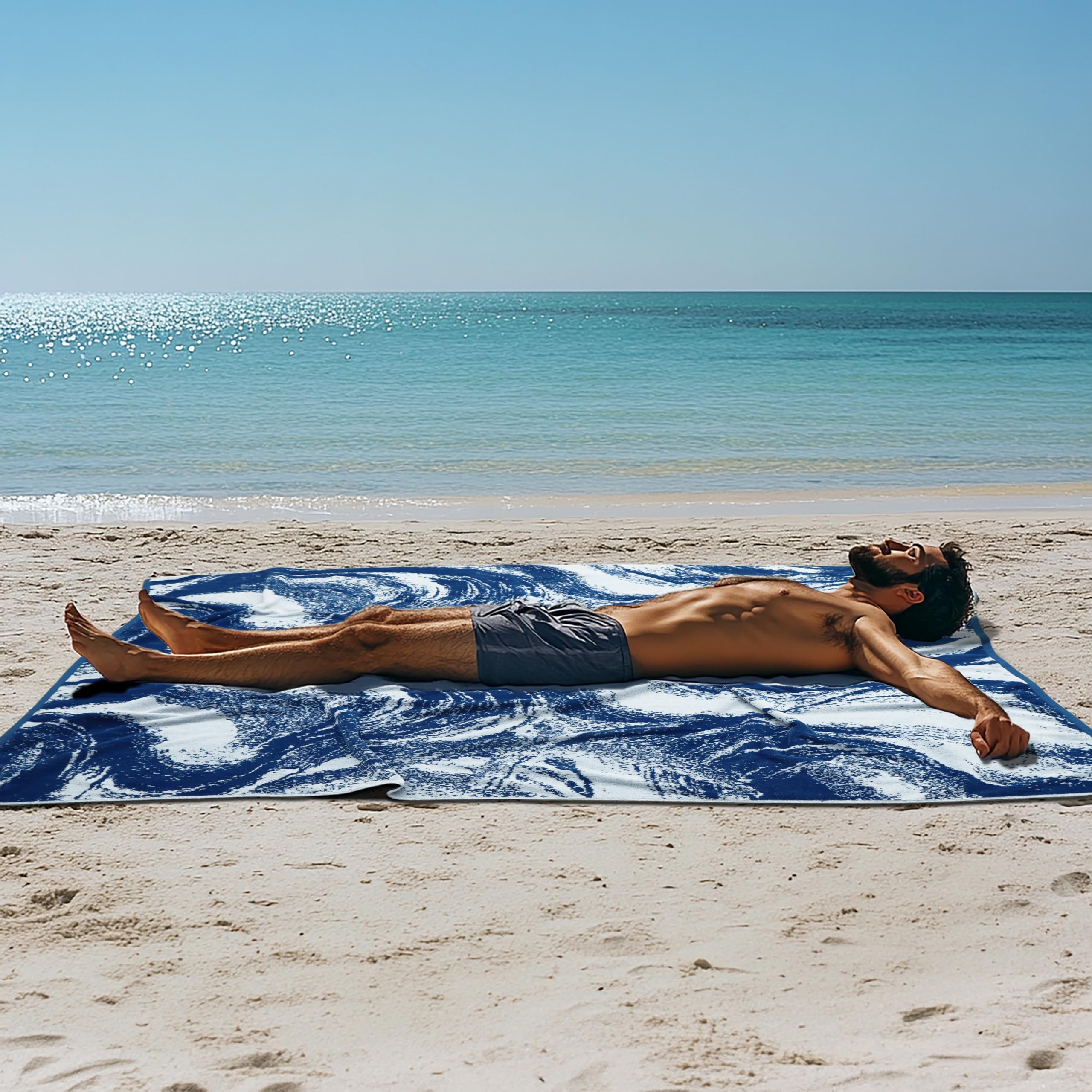 COTTON CRAFT Ombre Stripe Extra Wide Beach Towel for Two - 58x68 - Pure Cotton - Double Woven Jacquard Thick Plush Super Soft Luxurious Velour Pile - Pool Picnic Bath - 450 GSM - Blue
