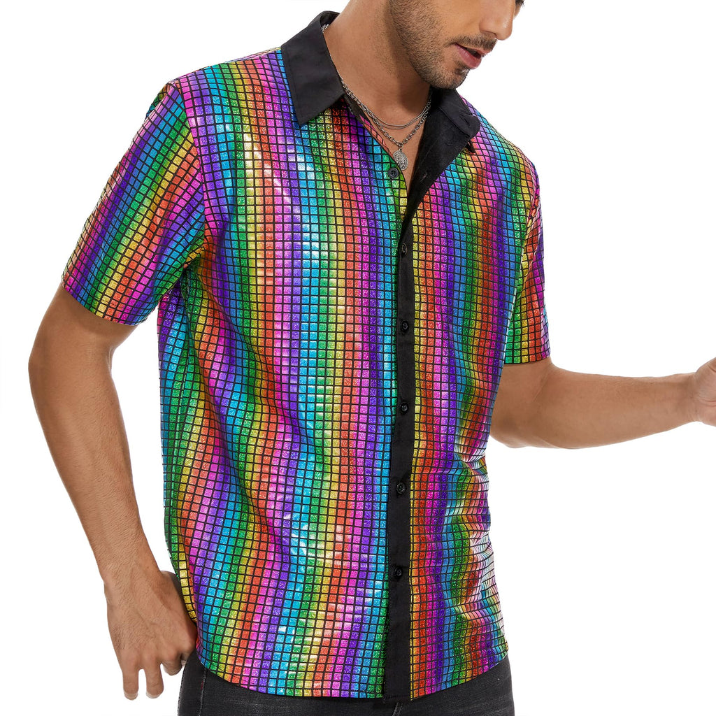 Zando Men's Sequin 70s 80s Disco Shirt - Retro Short Sleeve Button Up Costume Halloween New Year Party Outfit Top & Clubwear